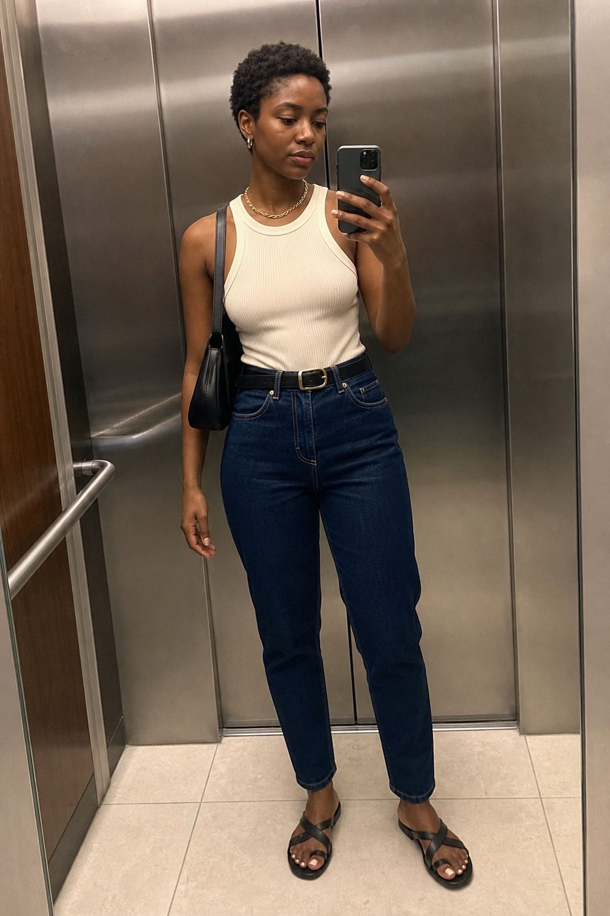 Woman wearing mom jeans with a leather belt and tank
