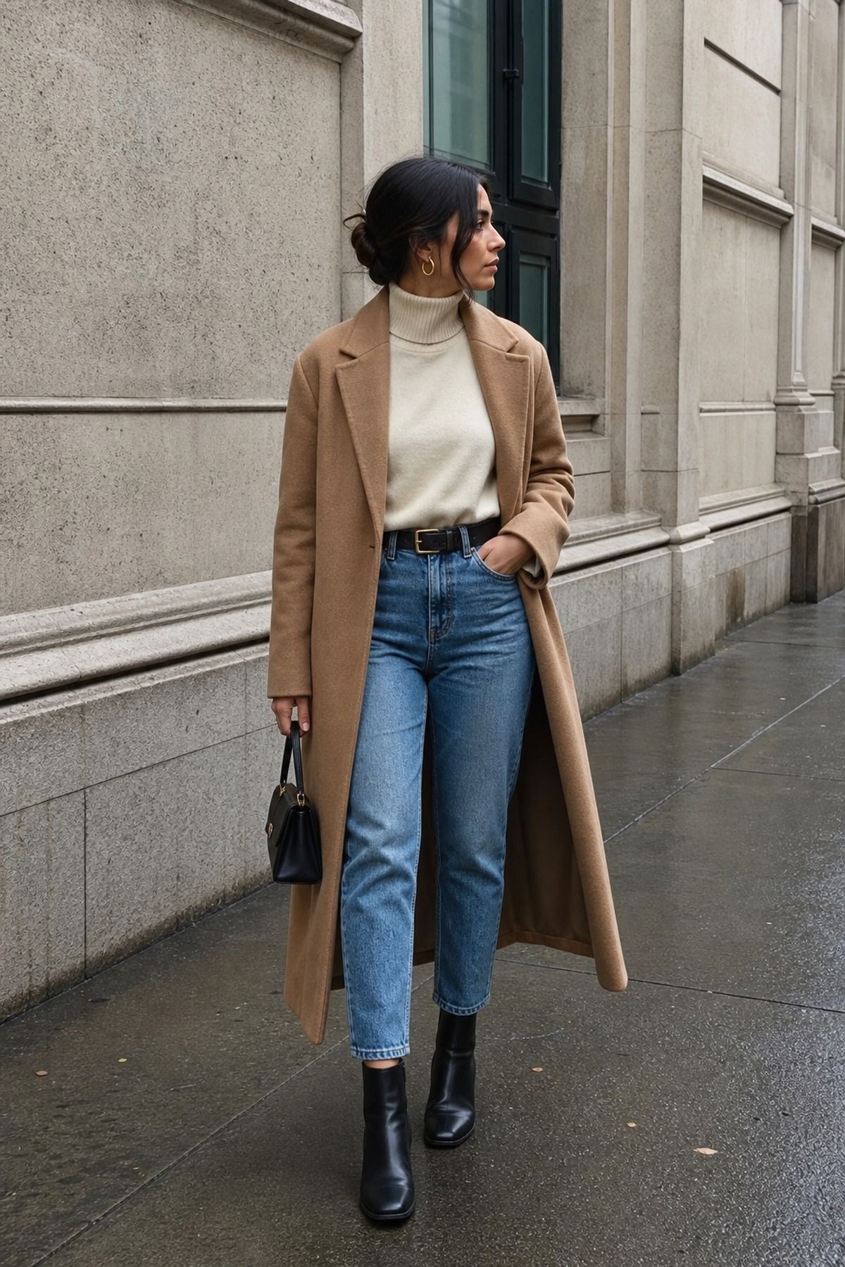 Woman wearing mom jeans with a long wool coat