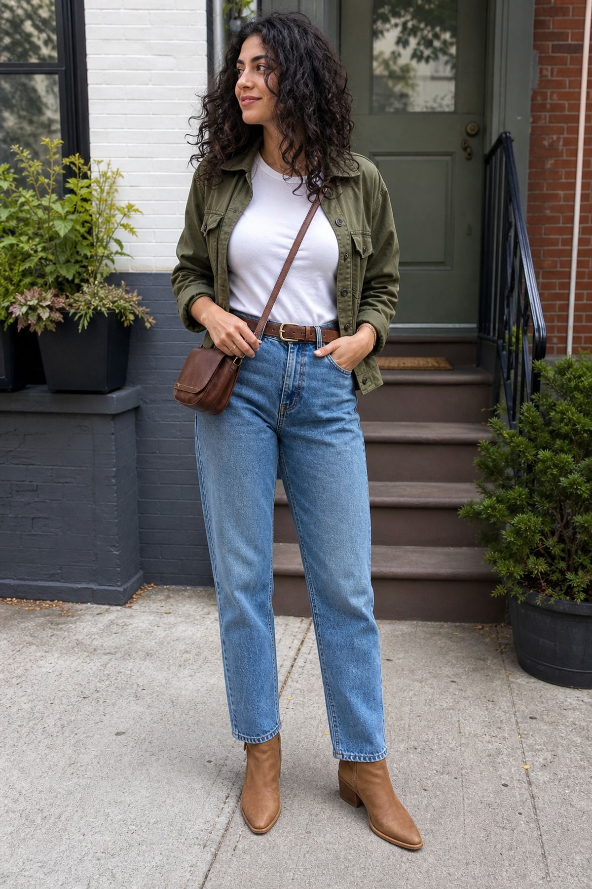 Woman wearing mom jeans with a utility jacket