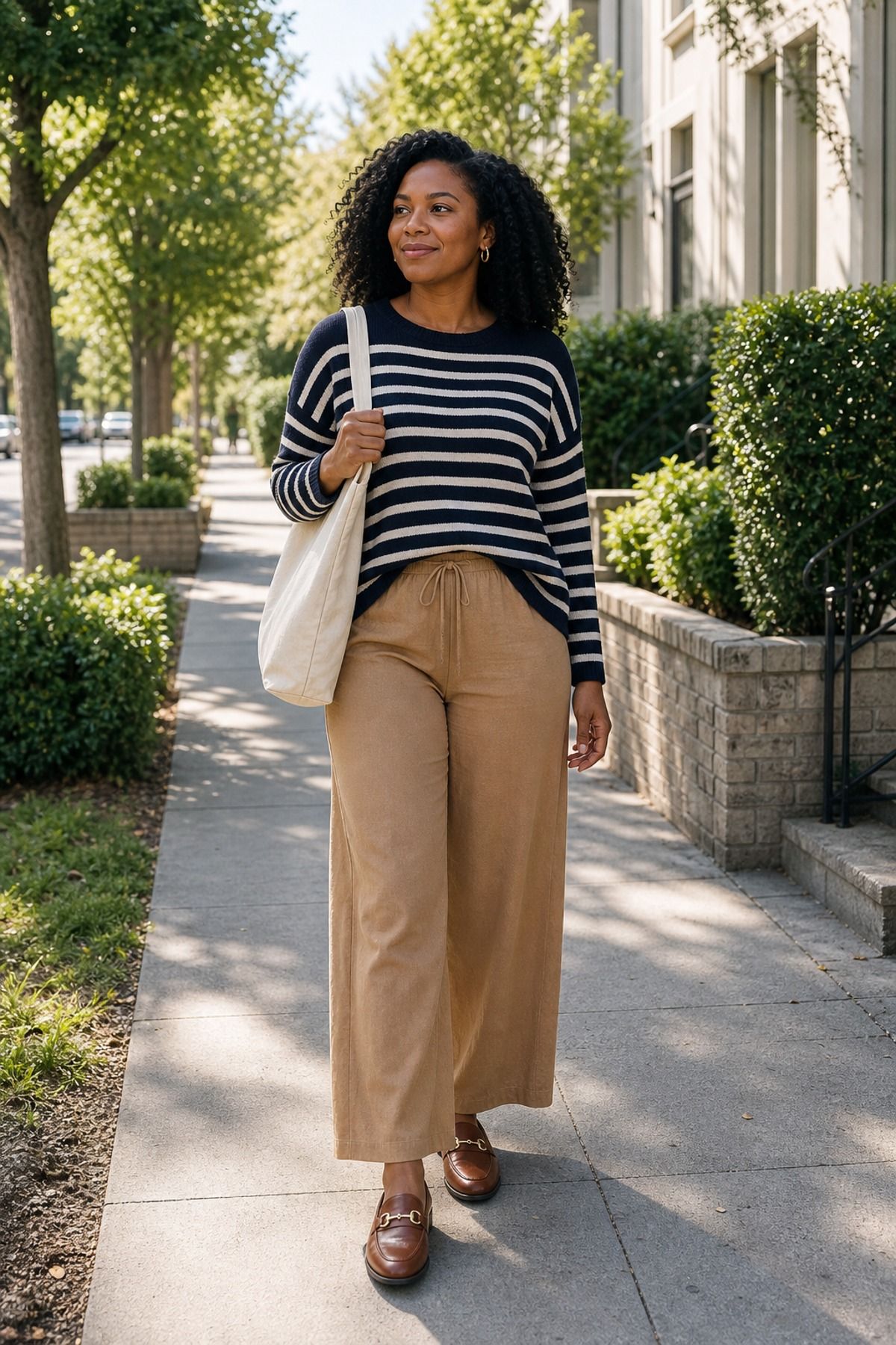 Woman wearing pull-on pants with a striped sweater