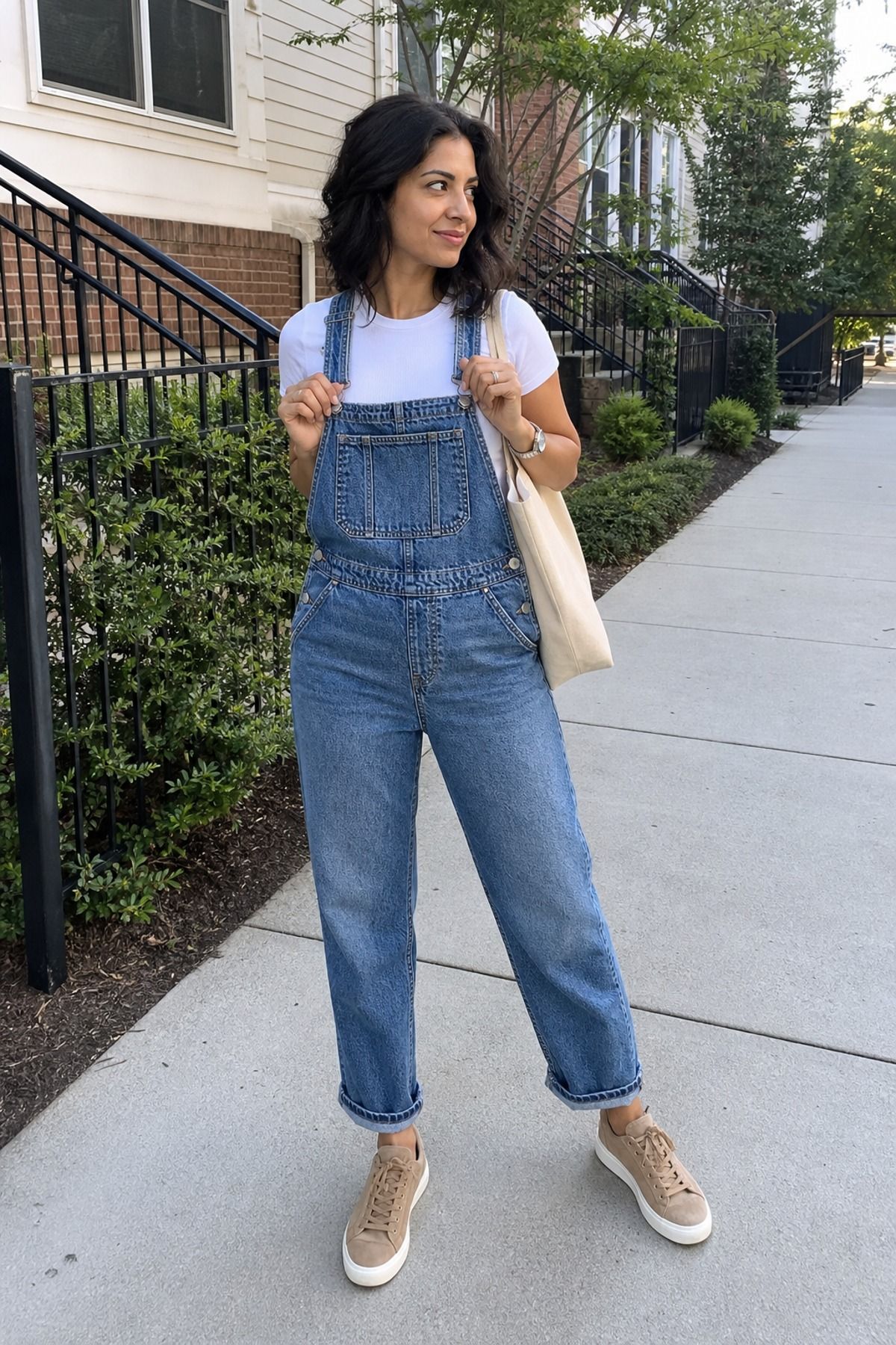 Woman wearing overalls with a fitted tee