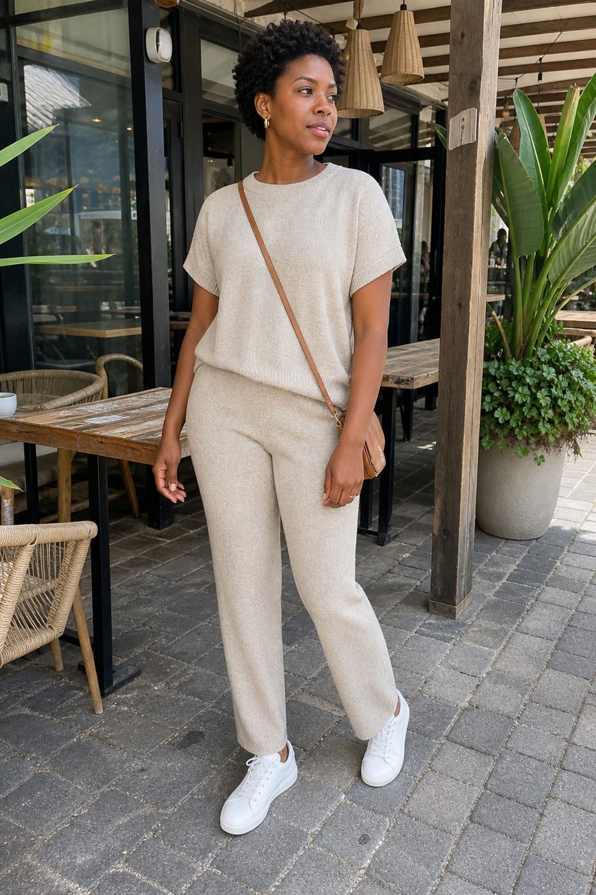 Woman wearing a matching knit set with sneakers