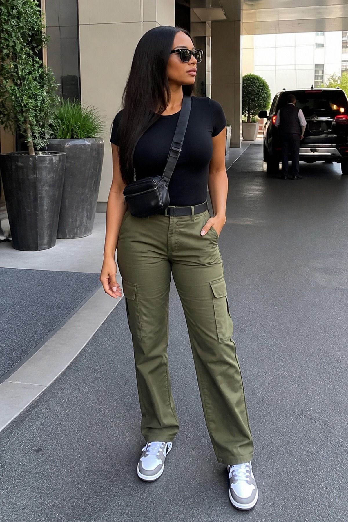 Woman wearing cargo pants with a slim tee