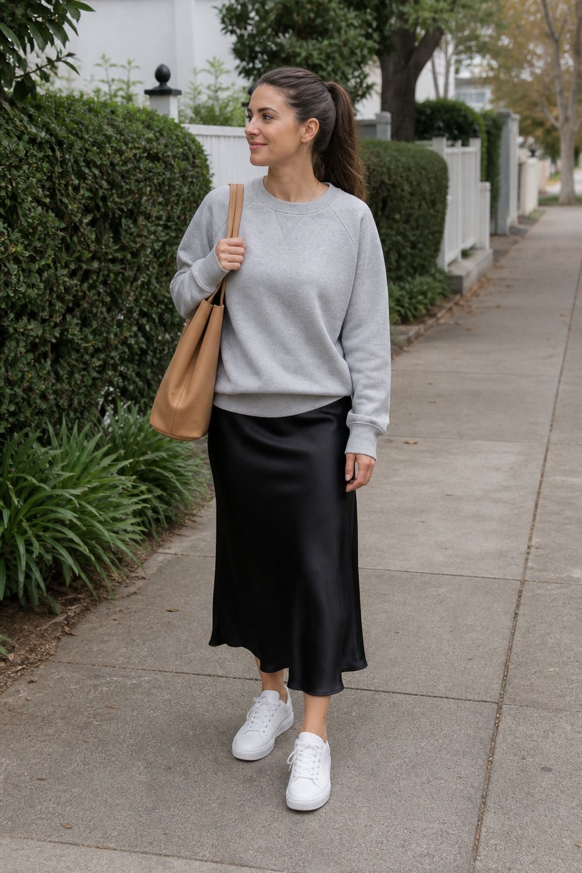 Woman wearing a sweatshirt with a slip skirt