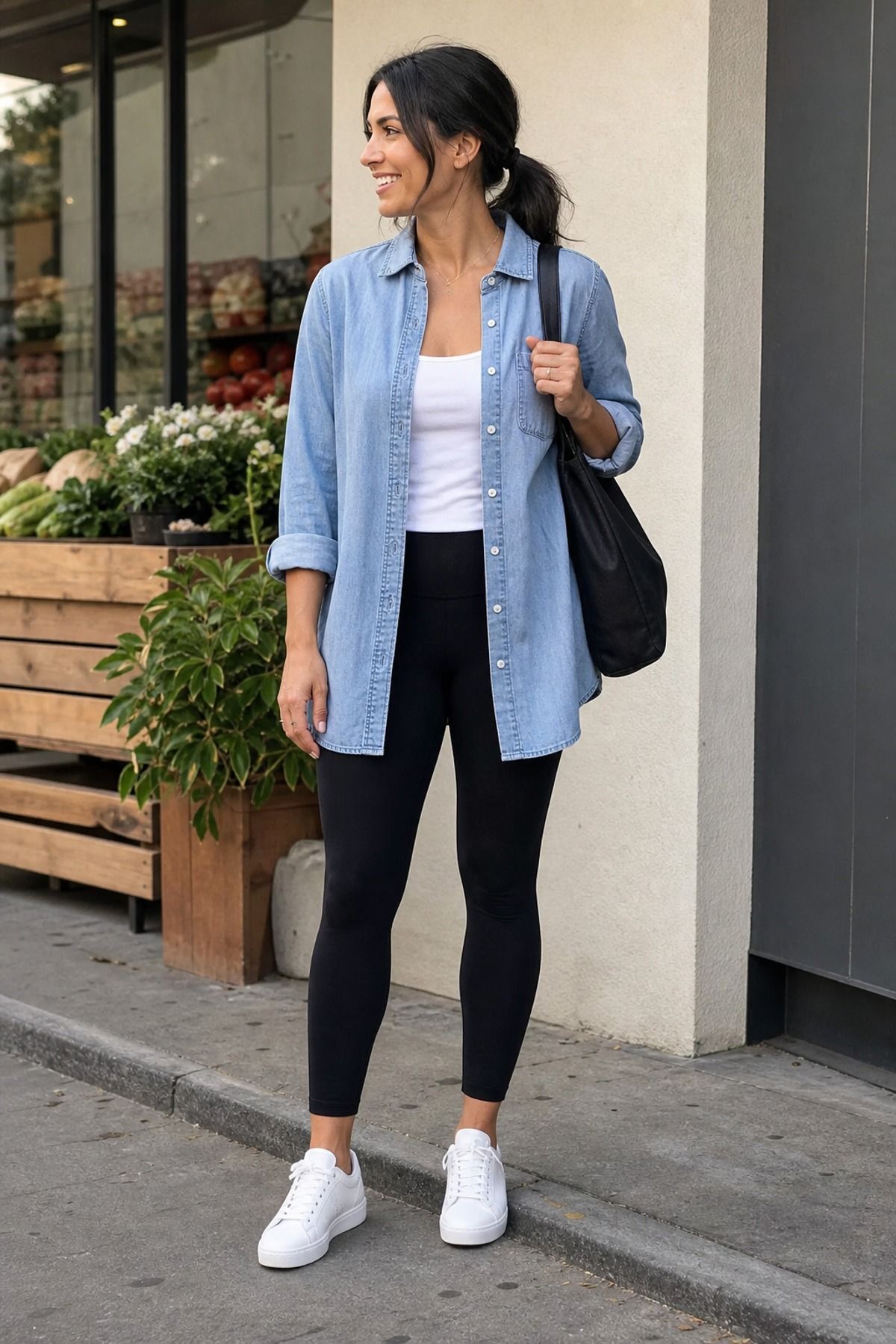 Woman wearing a chambray shirt with black leggings