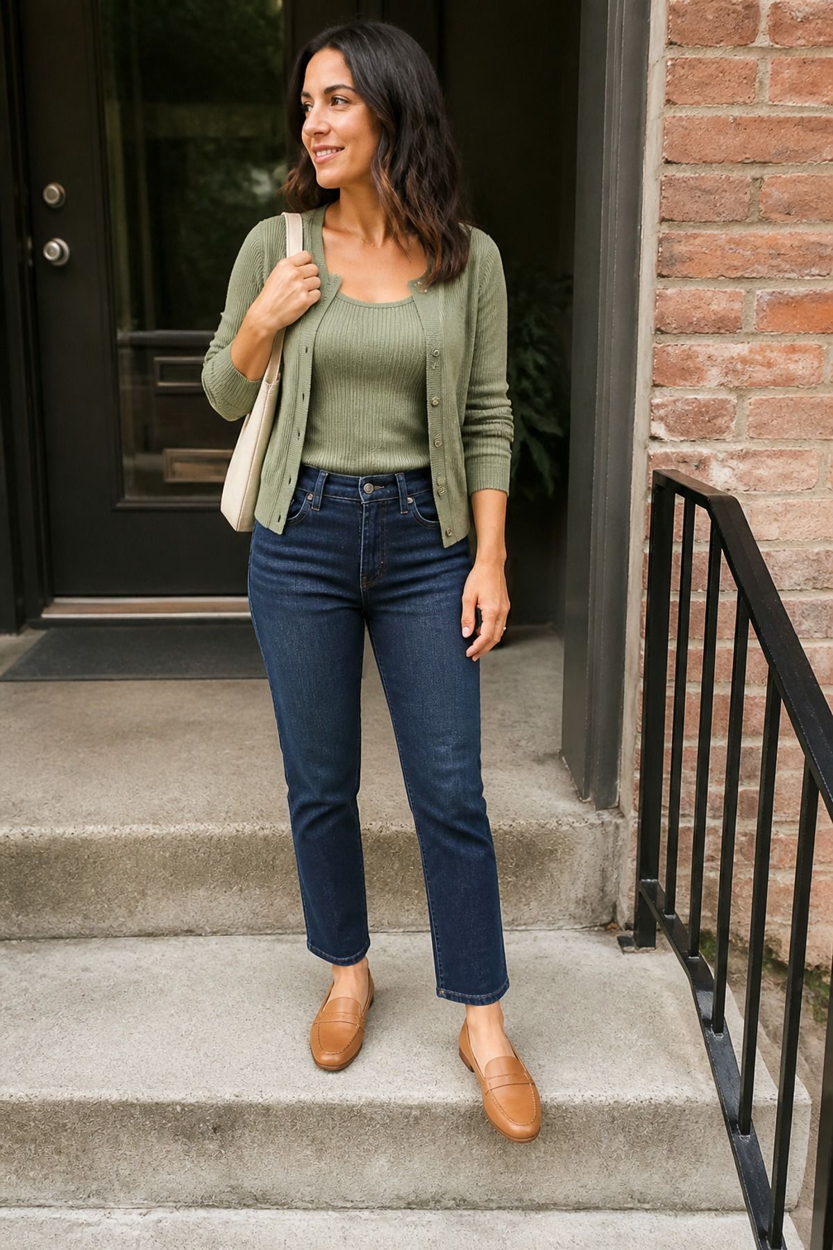Woman wearing a cardigan tank set with denim
