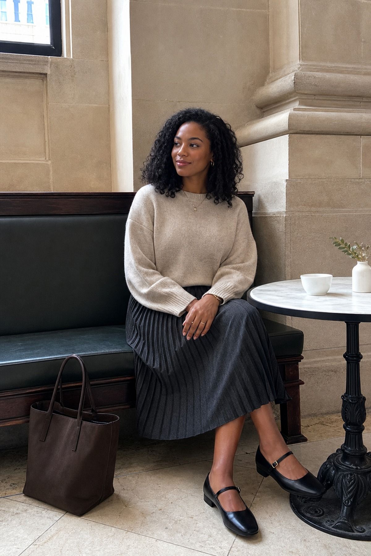 Woman wearing a pleated skirt with a soft sweater, a museum outfit