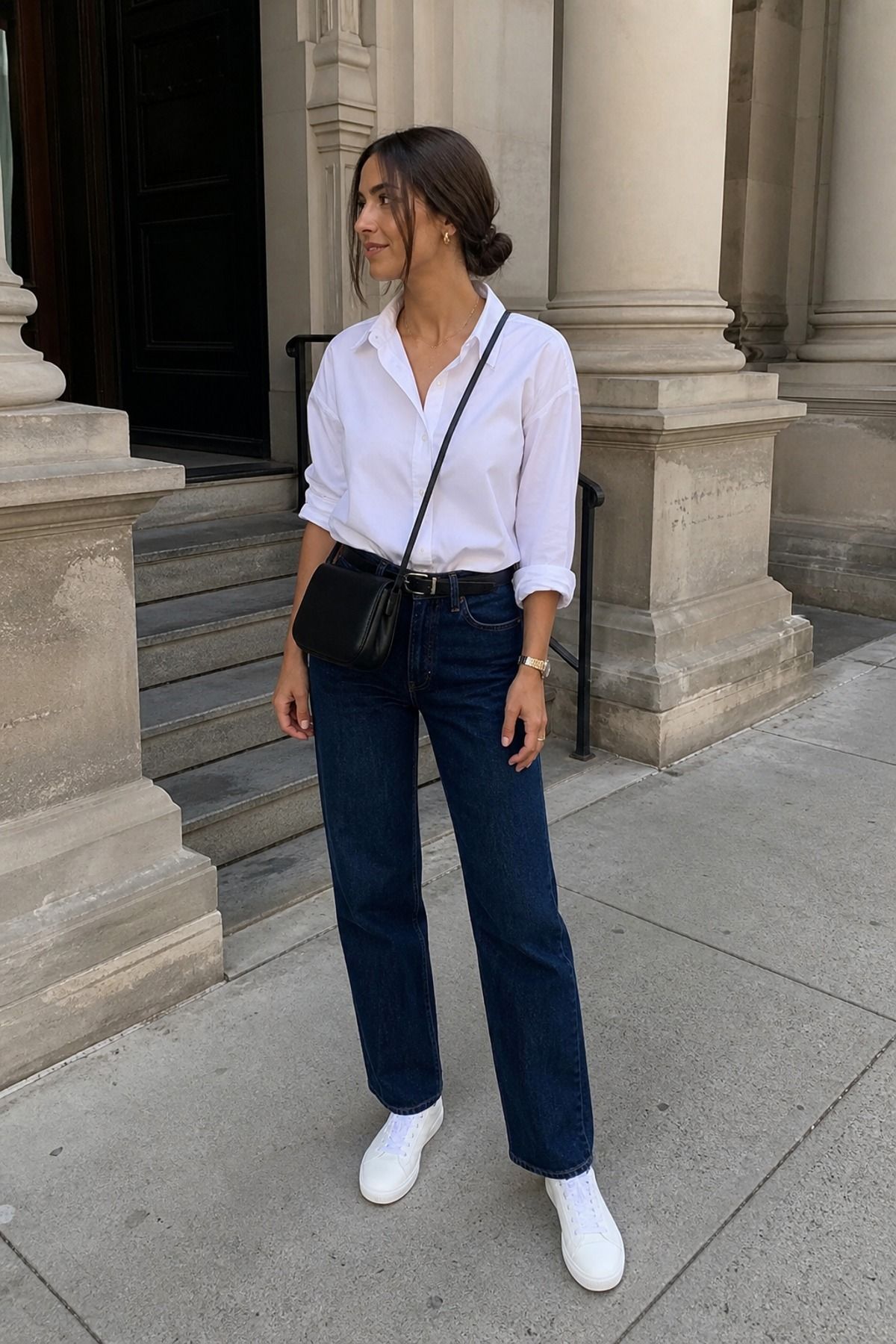 Woman wearing a white shirt with dark denim, a museum outfit