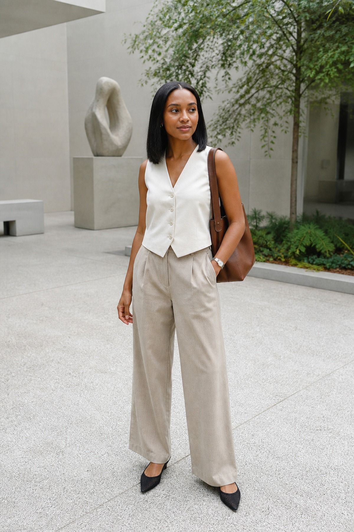 Woman wearing a vest with wide-leg pants, a museum outfit