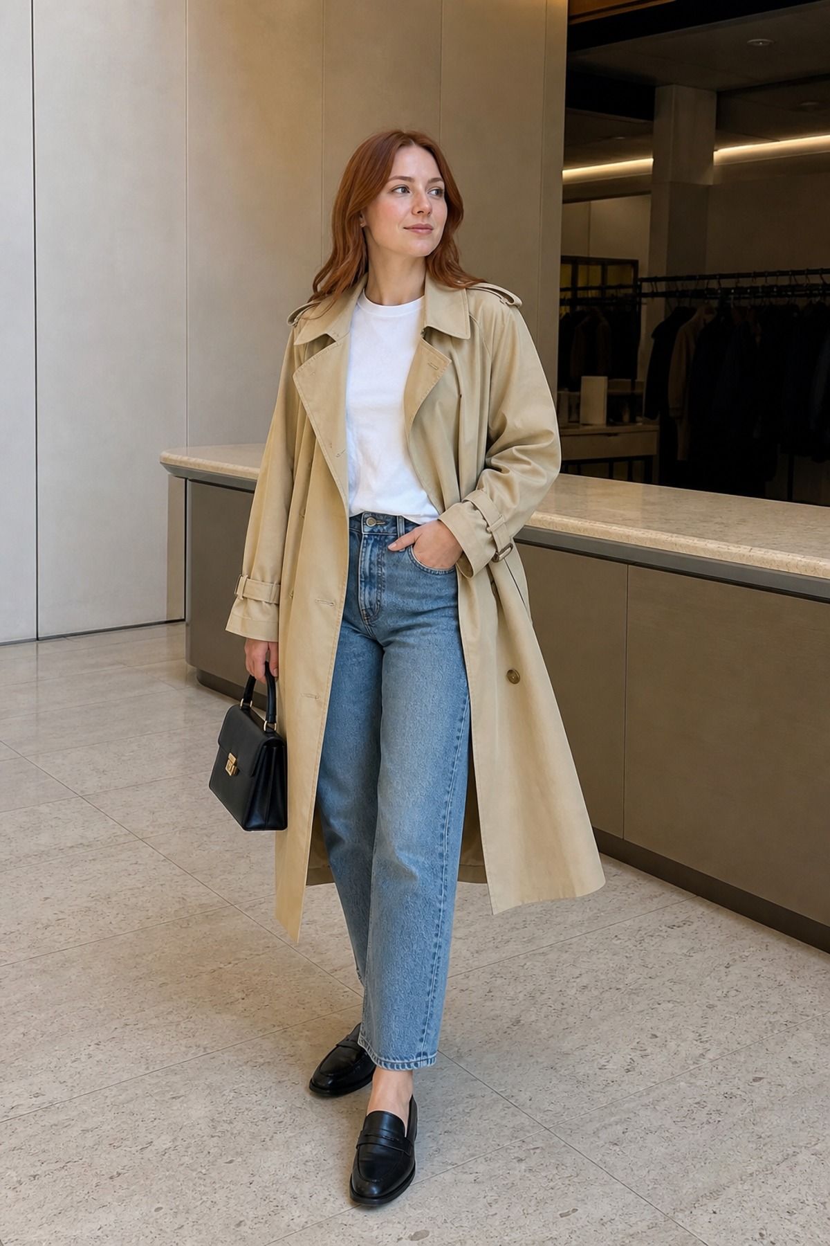 Woman wearing a trench coat with straight jeans, a museum outfit