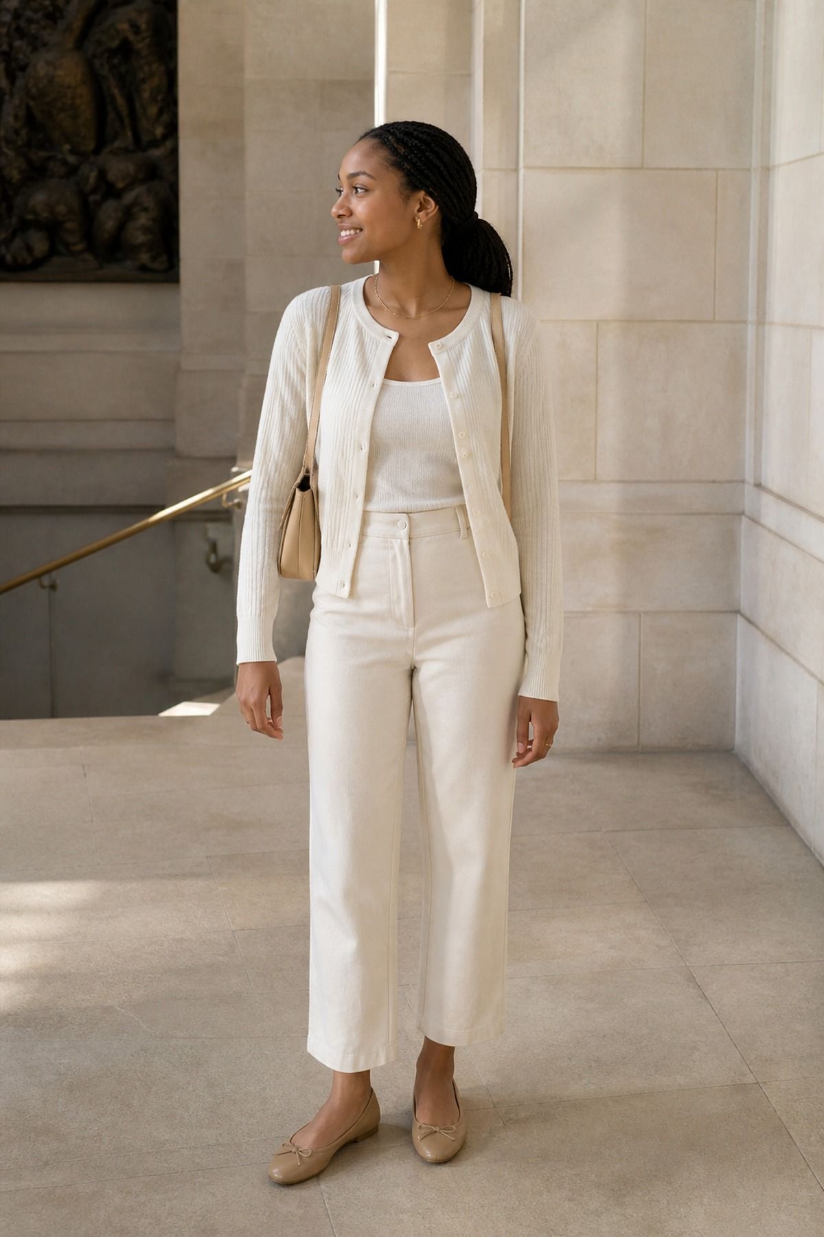 Woman wearing a monochrome cream outfit, a museum outfit