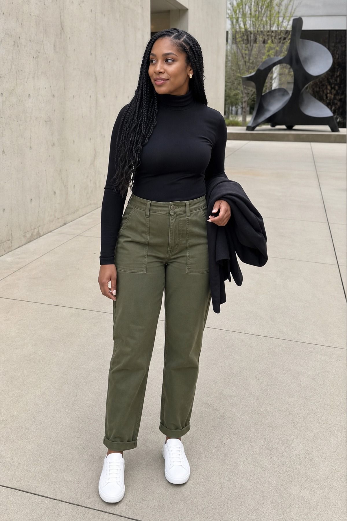 Woman wearing utility pants with a black turtleneck, a museum outfit