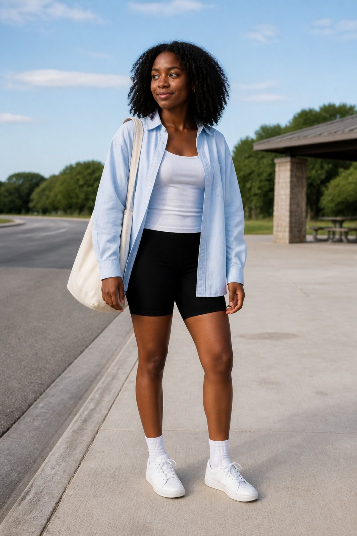 Woman in black bike shorts, a white tank and an open light blue oversized shirt with white socks, white sneakers and a canvas tote at a roadside rest area