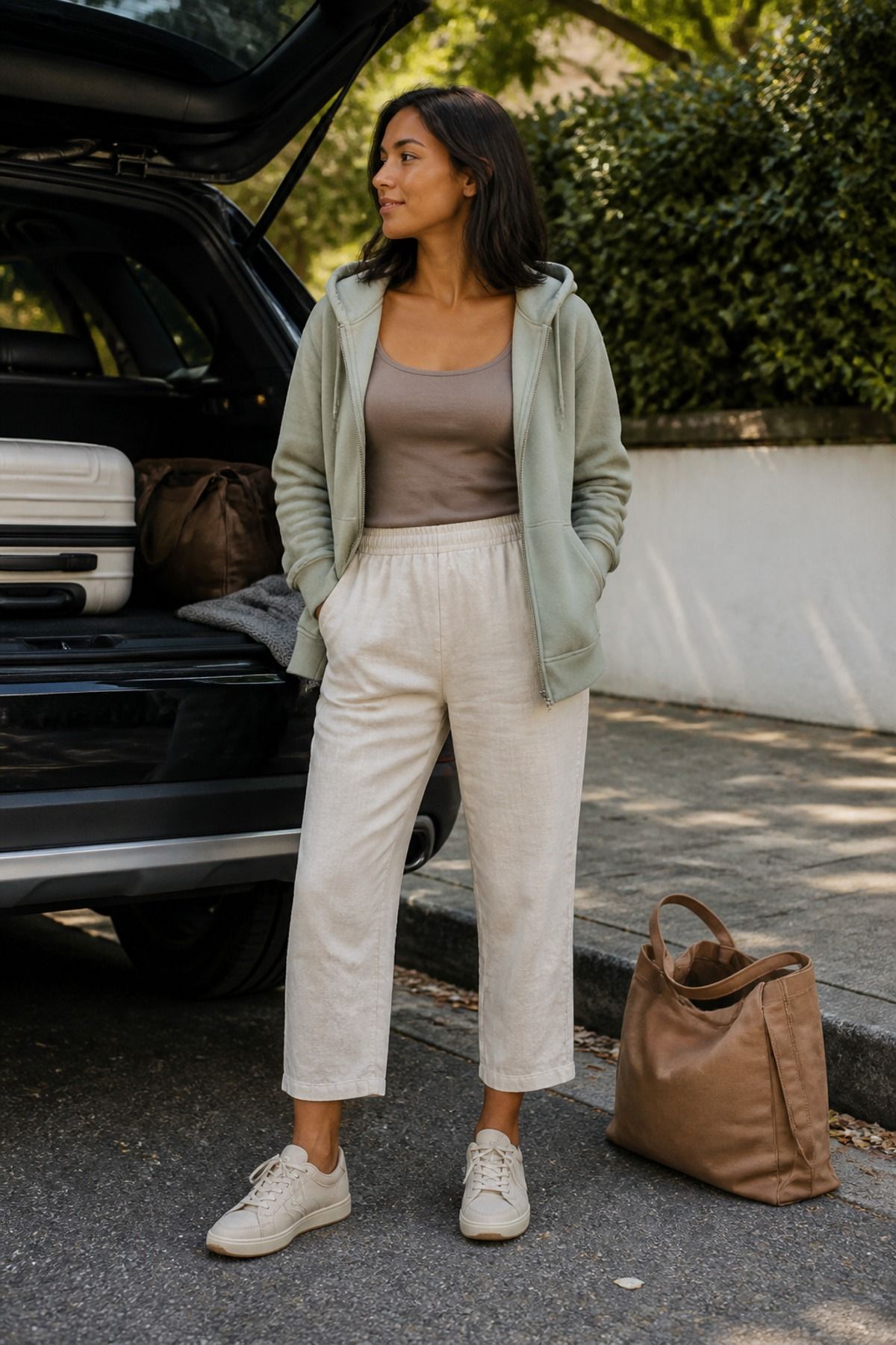 Woman in oatmeal linen drawstring pants, a taupe tank and an open sage zip hoodie with cream sneakers next to an open car trunk with a suitcase and a brown bag