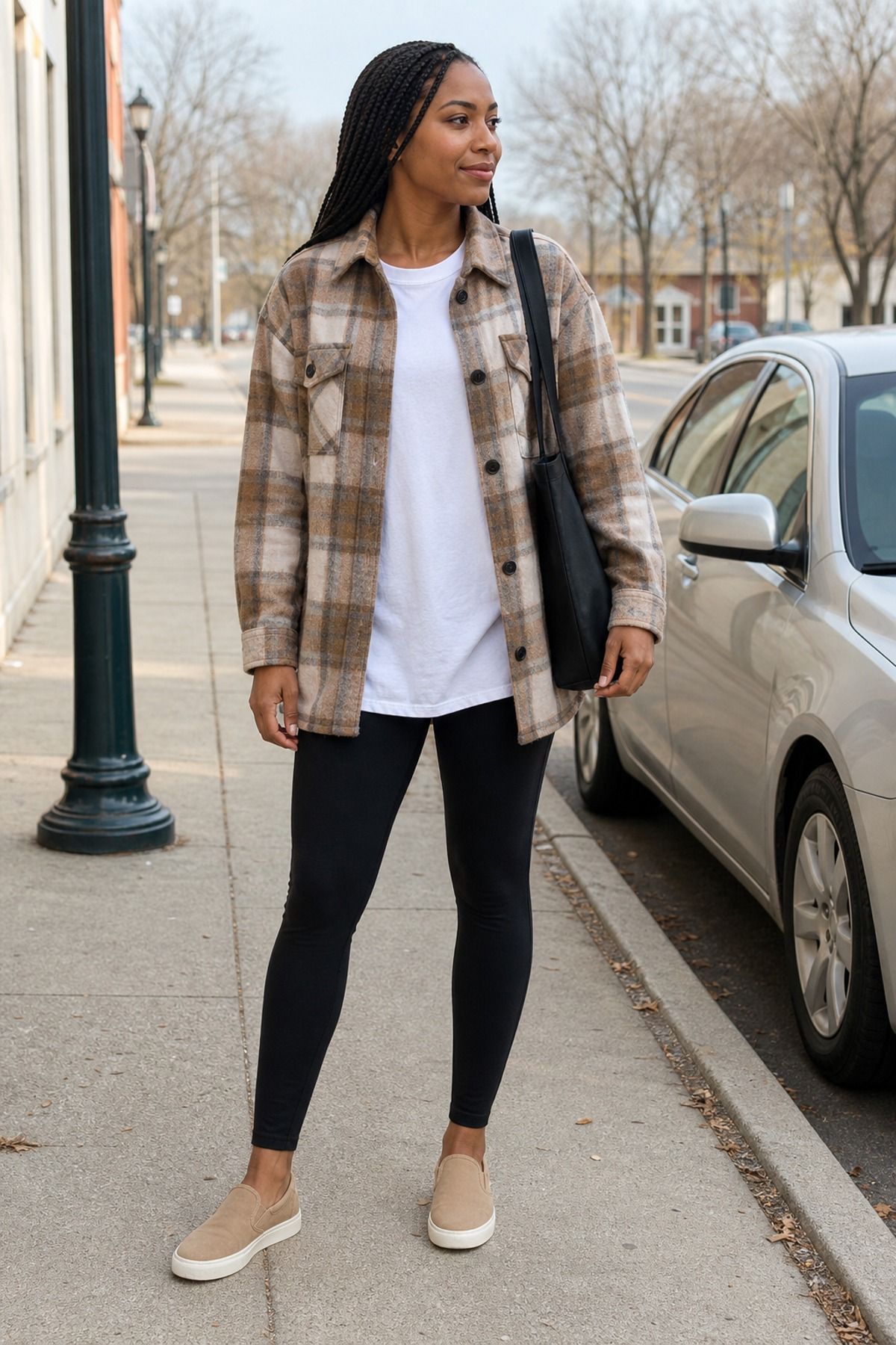 Woman in a brown plaid shacket over a white tee with black leggings, tan slip-on sneakers and a black shoulder bag on a small-town sidewalk