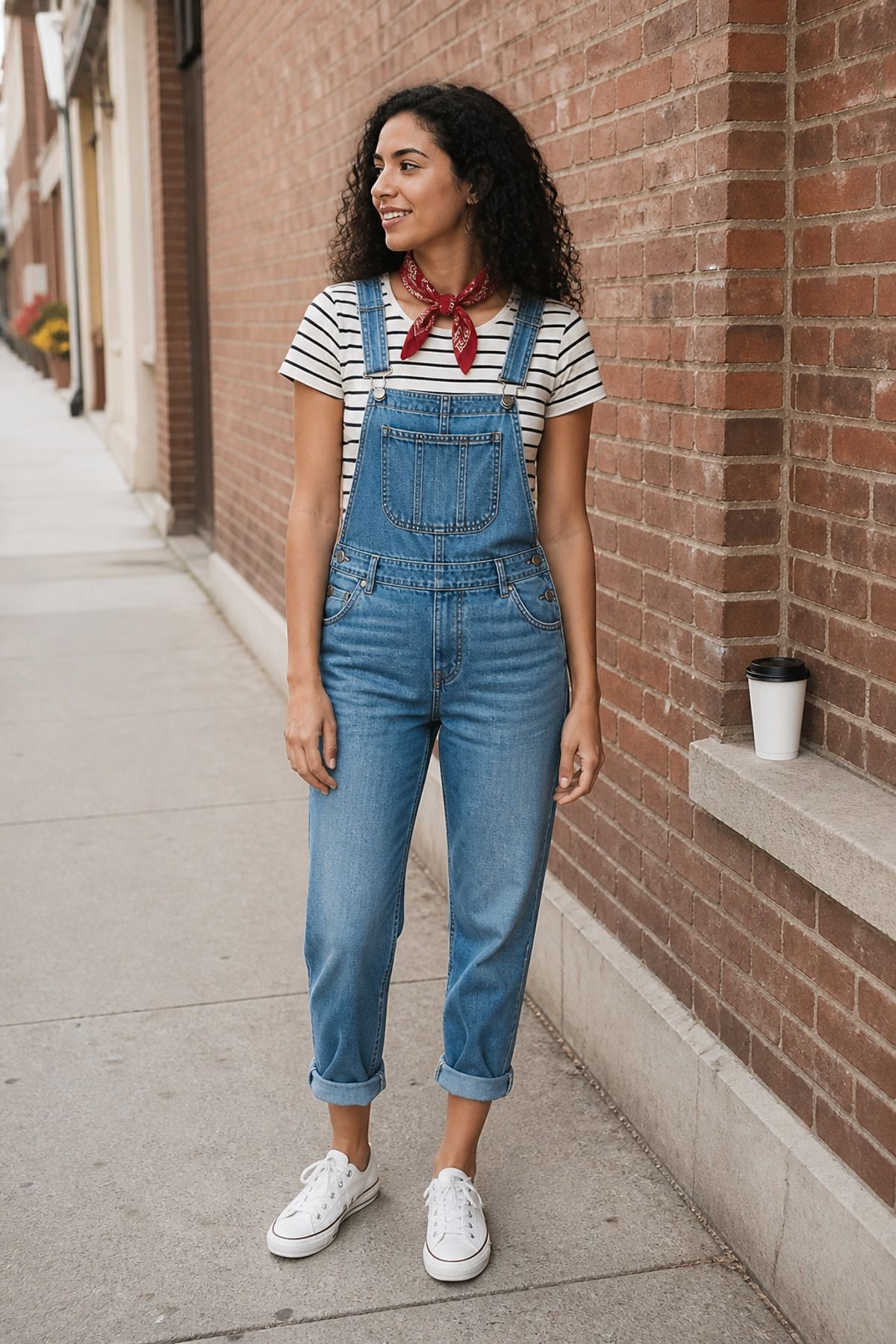 Woman in light-wash denim overalls with cuffed legs over a striped tee, a red bandana neck scarf and white sneakers against a brick wall