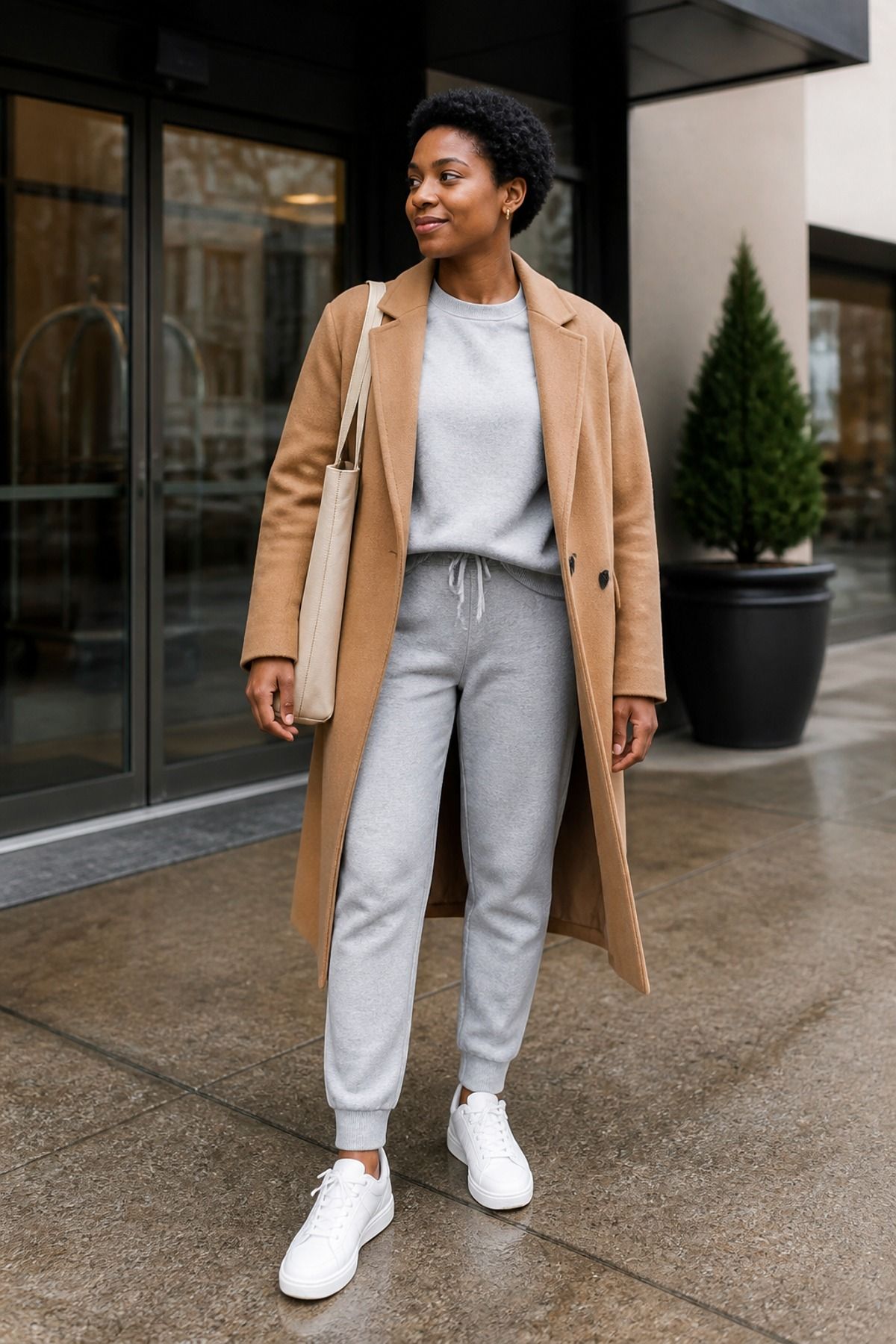 Woman in a heather gray sweatshirt and matching joggers with a long camel wool coat, white sneakers and a tote bag outside a glass building