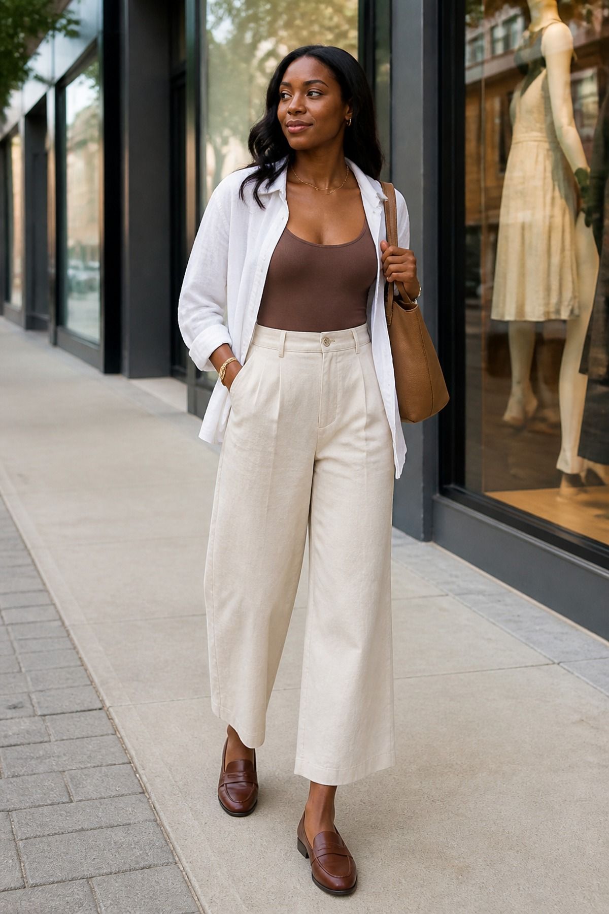 Woman wearing wide-leg pants with a bodysuit, a shopping day outfit