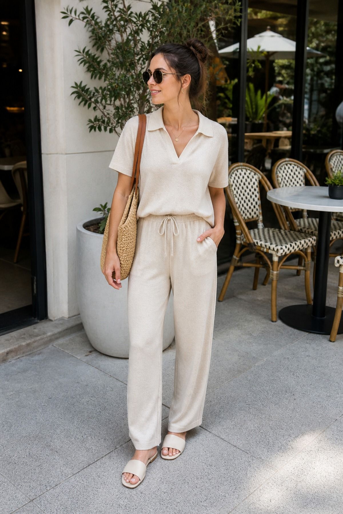 Woman wearing a matching set with slides, a shopping day outfit