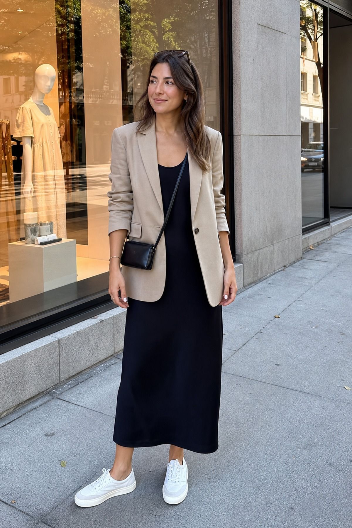 Woman wearing a blazer with a column dress, a shopping day outfit