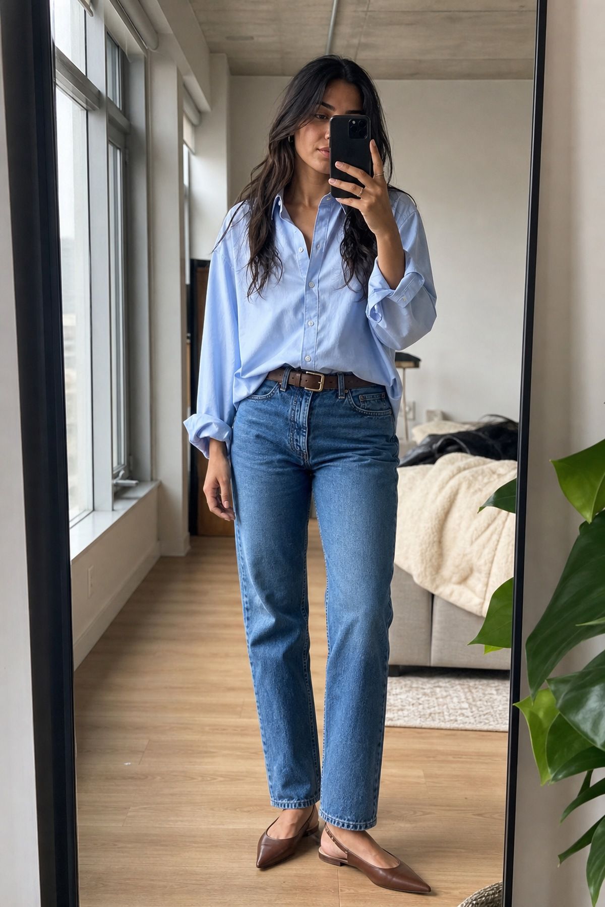 Woman wearing straight leg jeans with a button down shirt