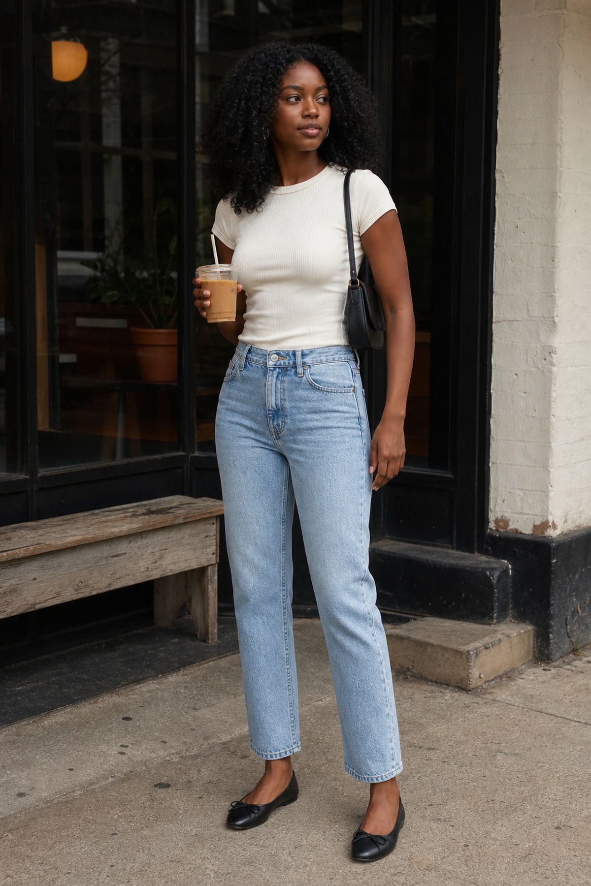Woman wearing straight leg jeans with ballet flats
