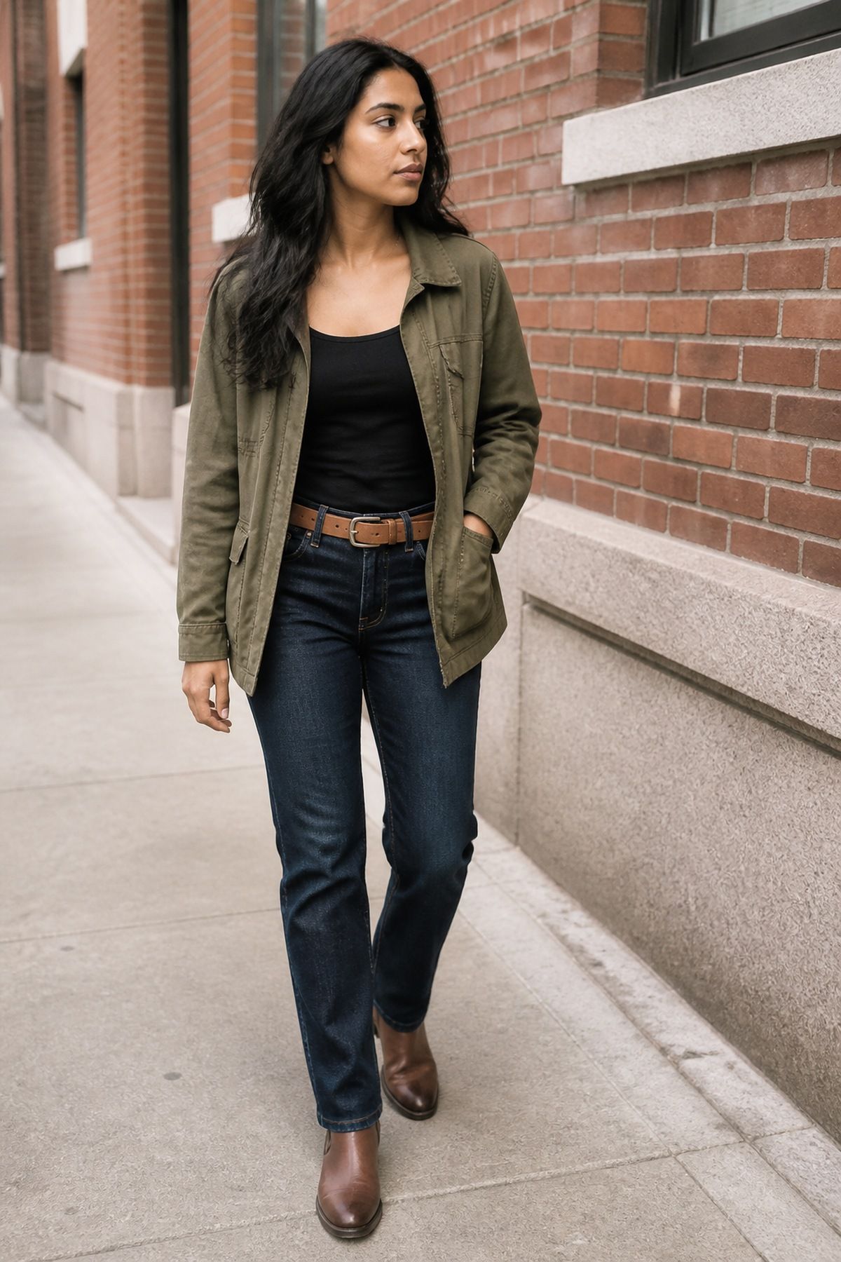 Woman wearing straight leg jeans with a utility jacket