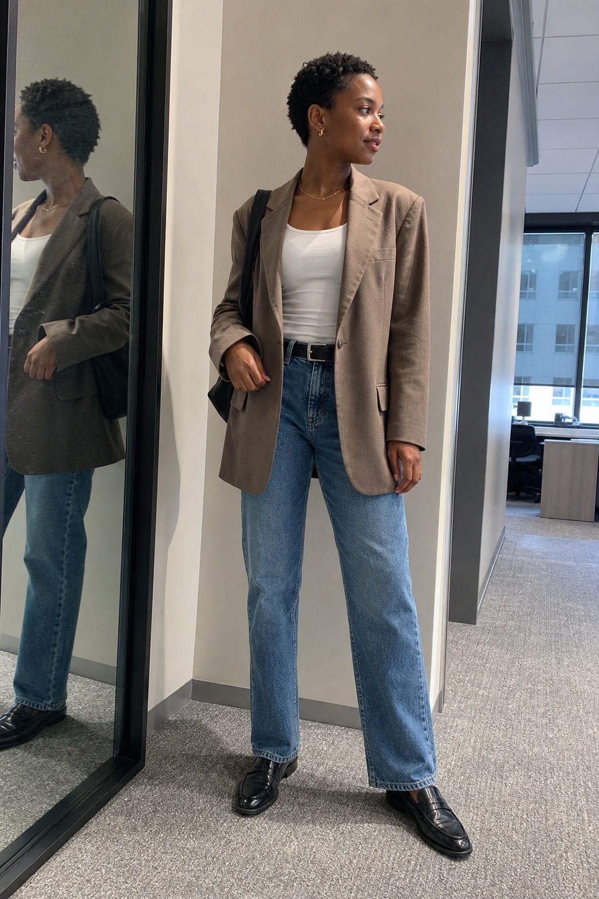 Woman wearing straight leg jeans with a relaxed blazer