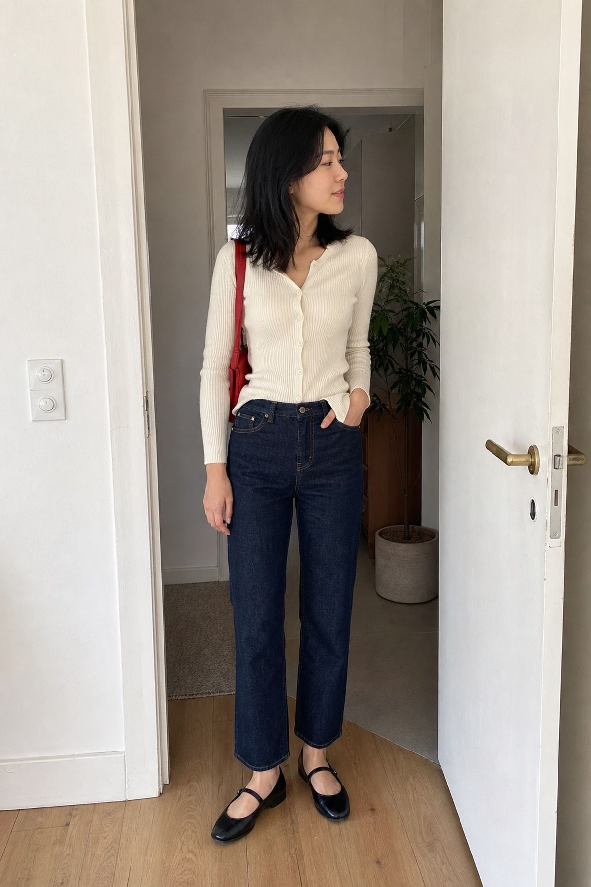 Woman wearing straight leg jeans with Mary Janes