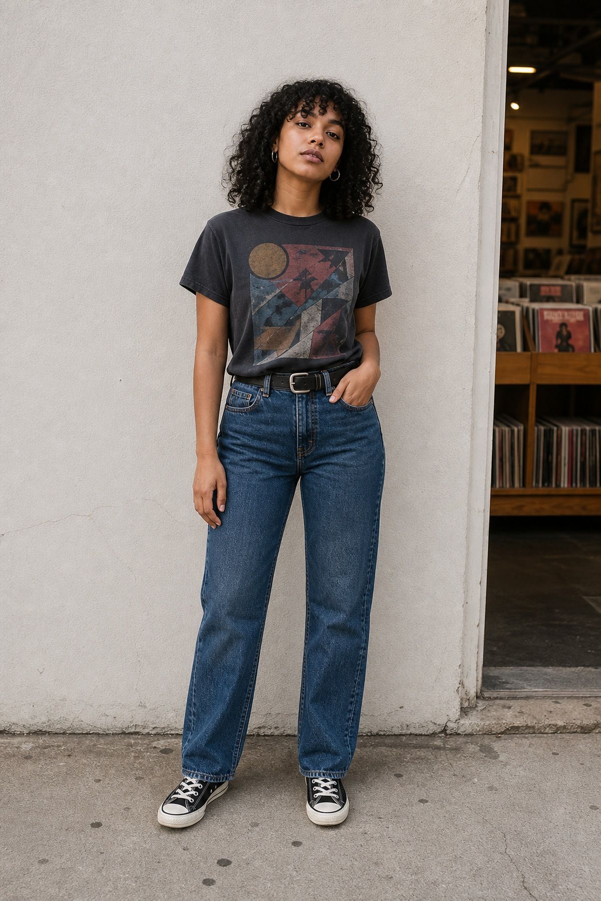 Woman wearing straight leg jeans with a graphic tee
