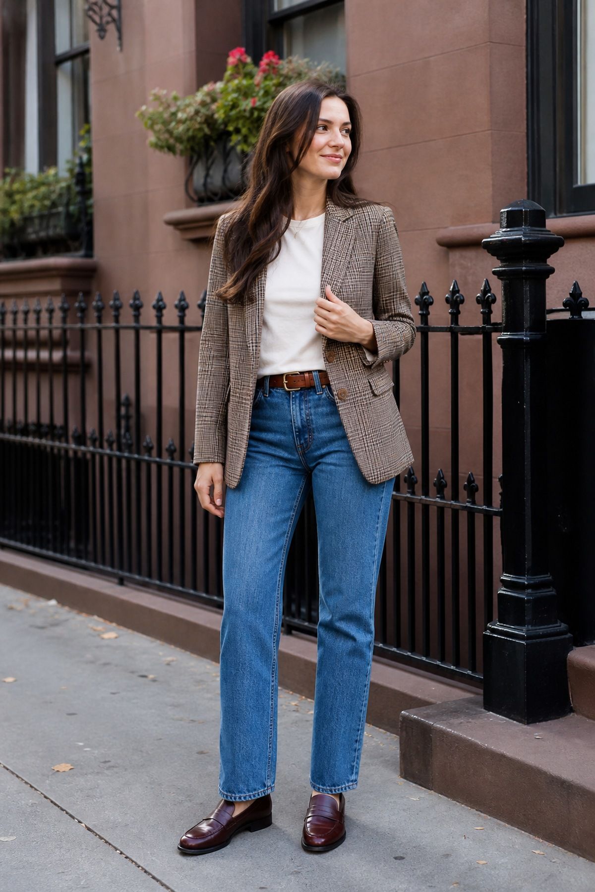Woman wearing straight leg jeans with a plaid blazer