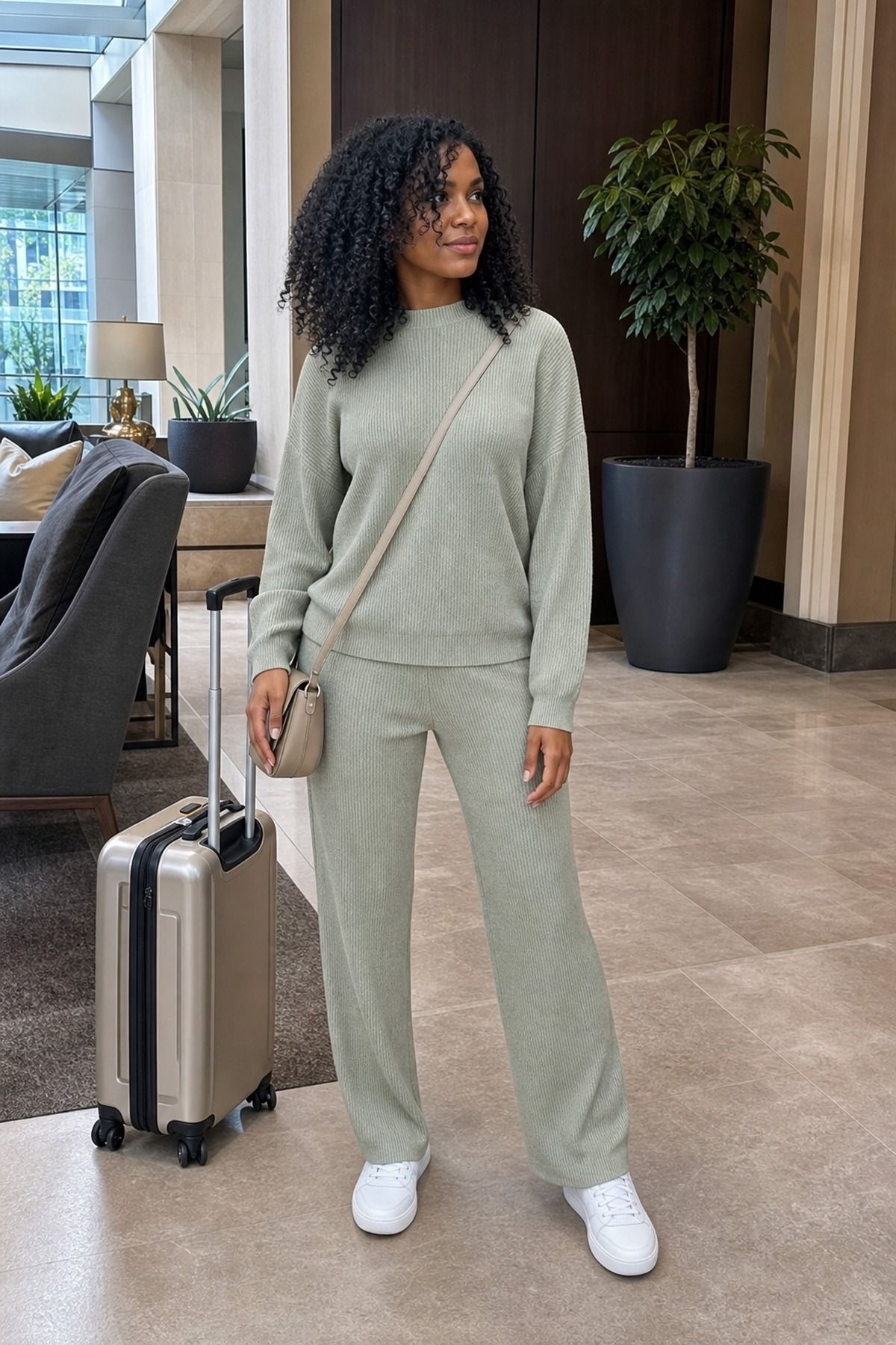 Woman wearing a matching knit set with sneakers, a travel day outfit