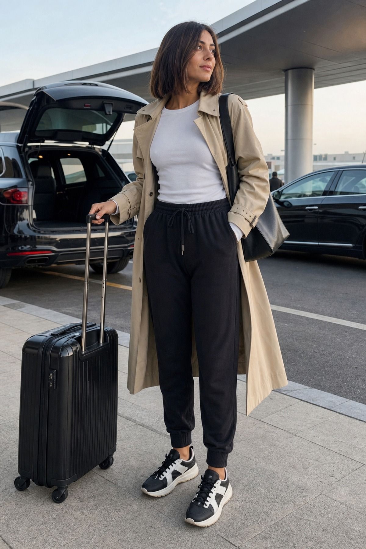 Woman wearing joggers with a trench coat, a travel day outfit