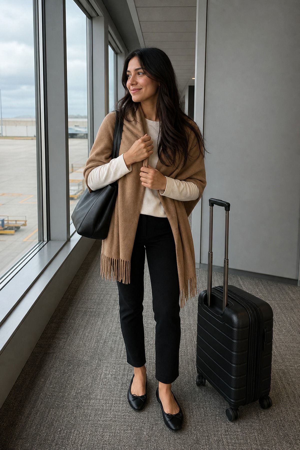 Woman wearing a cashmere wrap with black pants, a travel day outfit