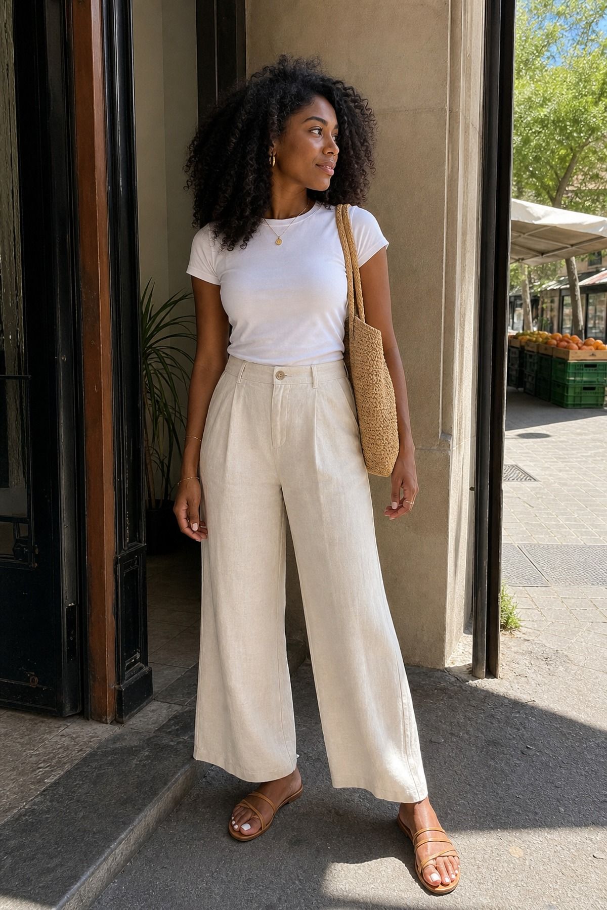 Woman wearing linen pants with a cotton tee, a weekend outfit