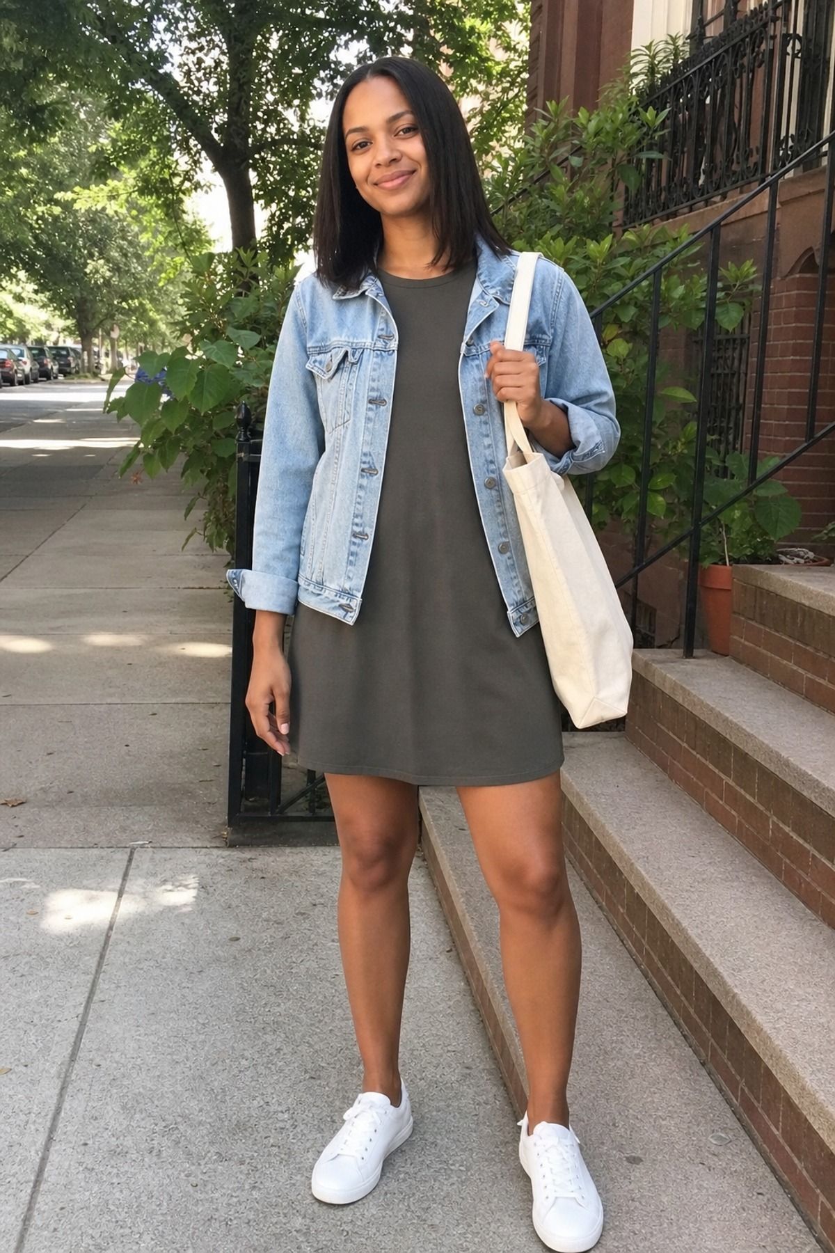 Woman wearing a t-shirt dress with a jean jacket, a weekend outfit