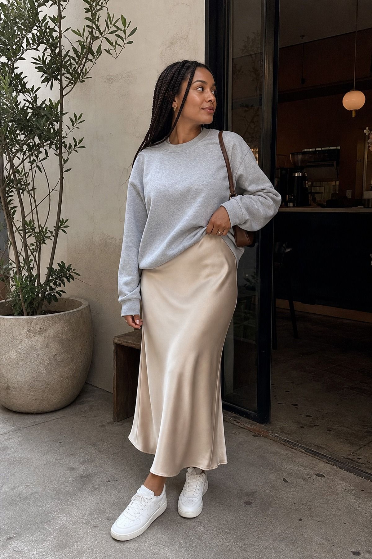 Woman wearing a slip skirt with a sweatshirt, a weekend outfit