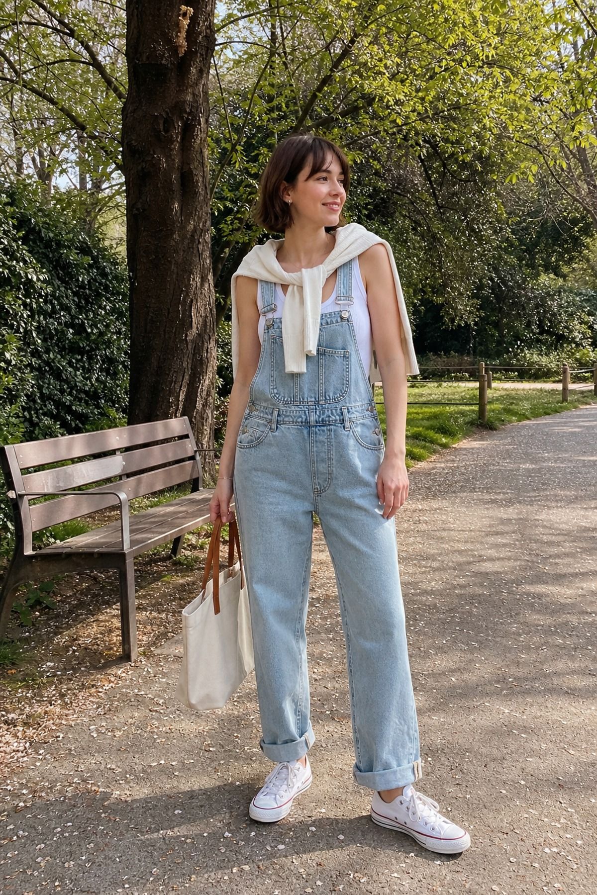 Woman wearing overalls with a tank, a weekend outfit