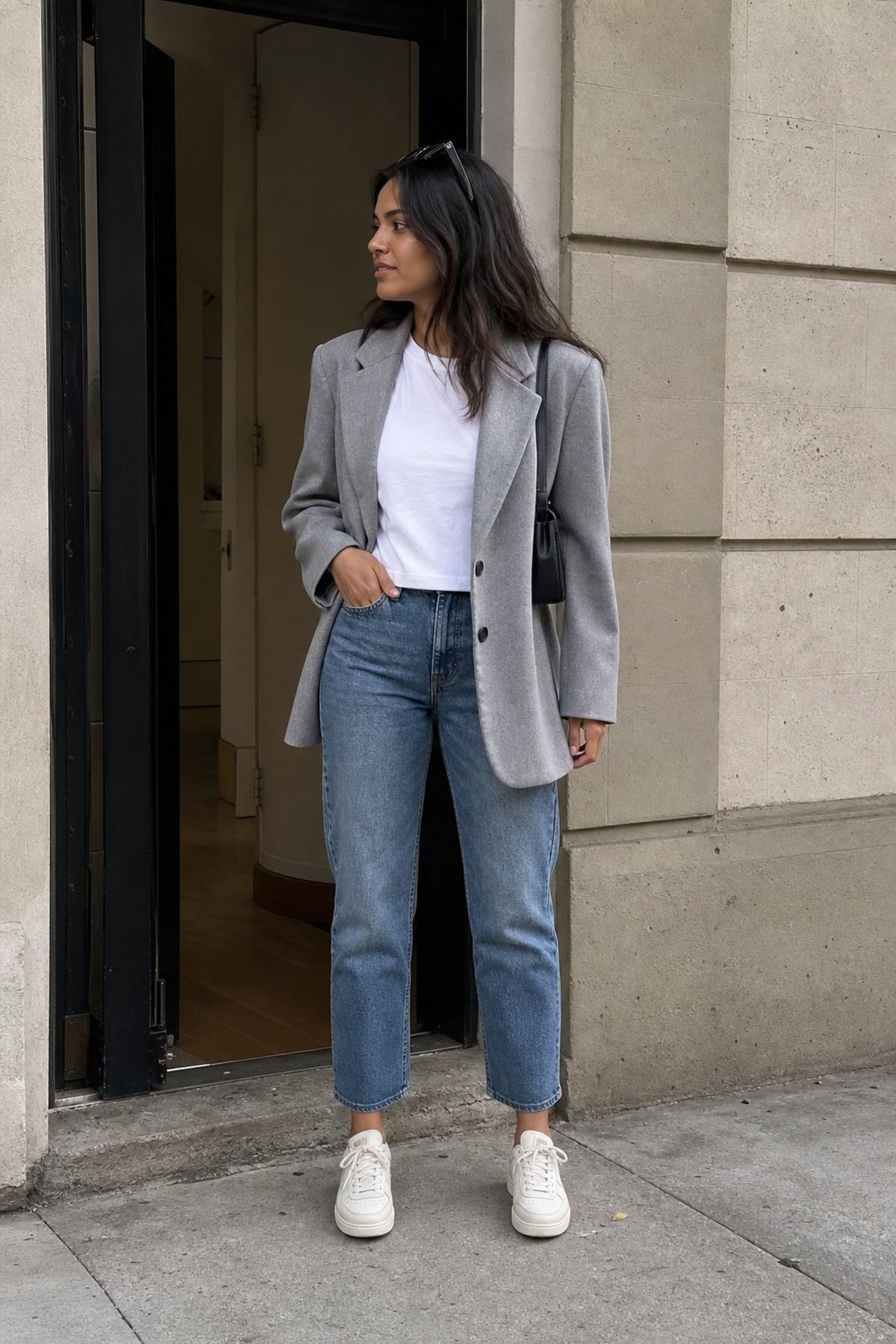 Woman wearing a matching knit set with a denim shirt, a weekend outfit