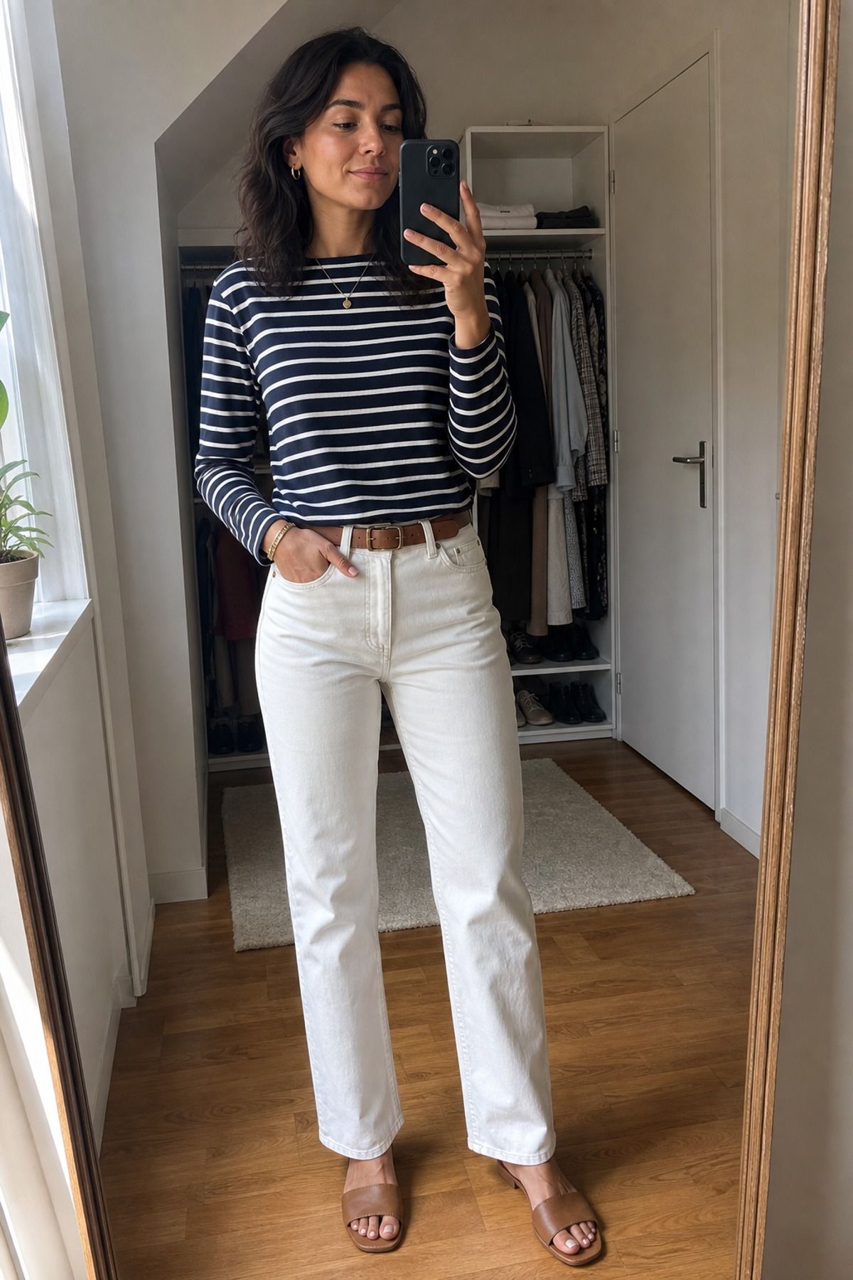 Woman wearing white jeans with a navy breton top