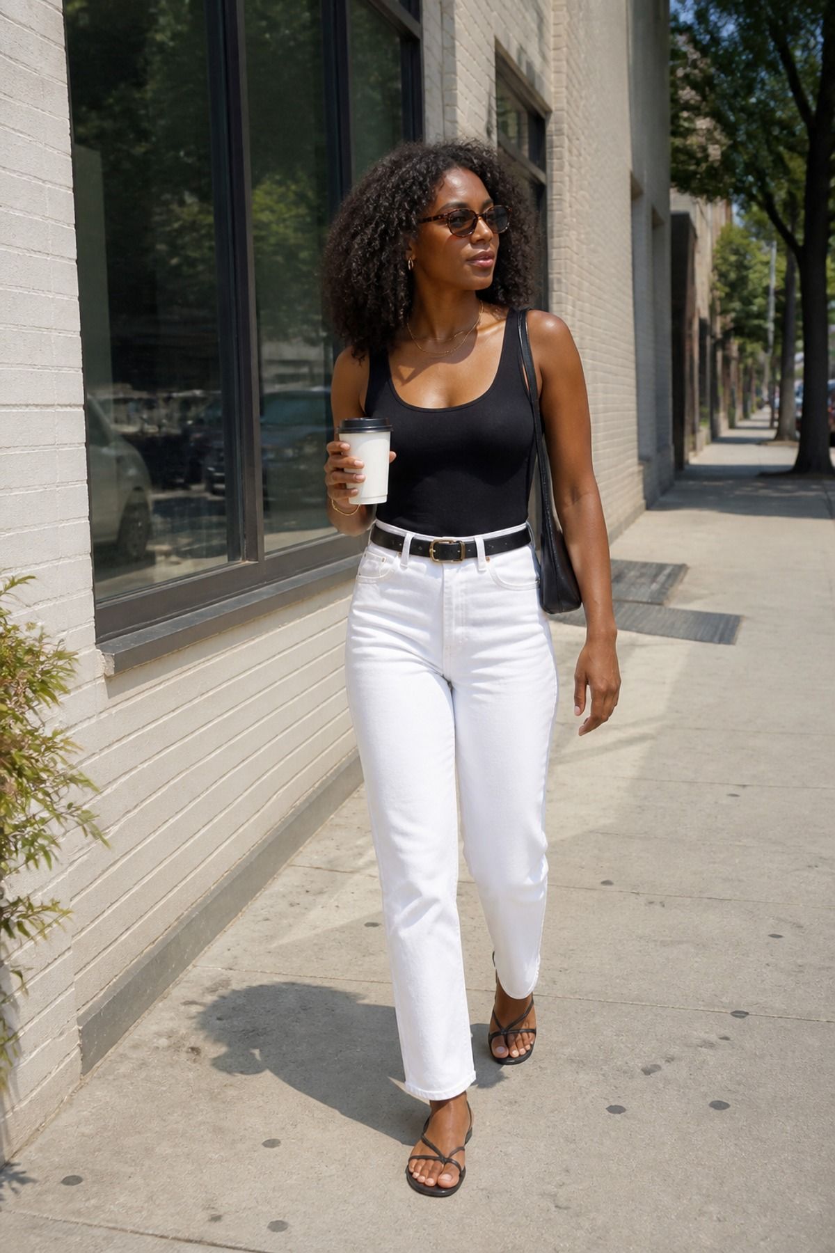 Woman wearing white jeans with a black tank