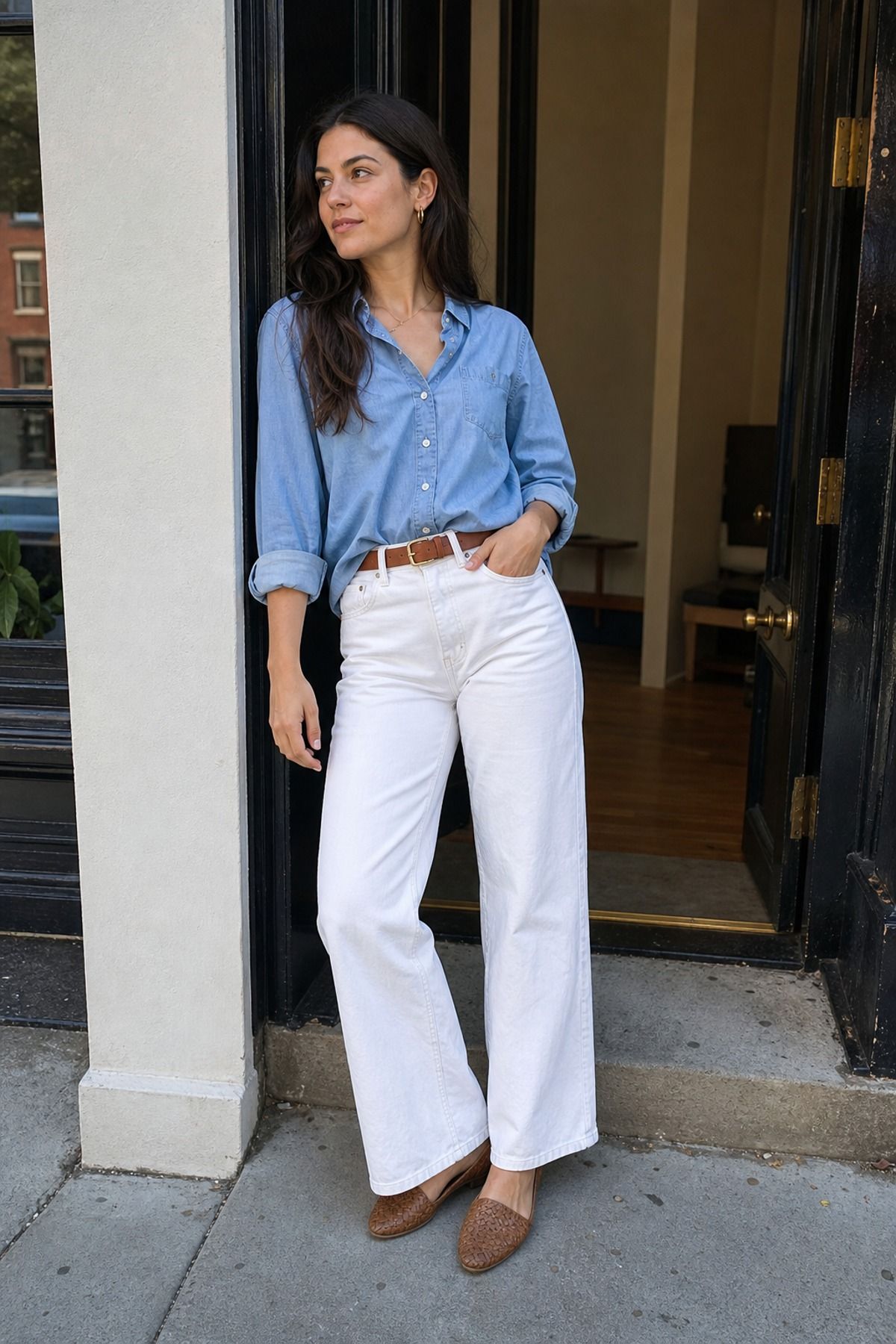 Woman wearing white jeans with a chambray shirt