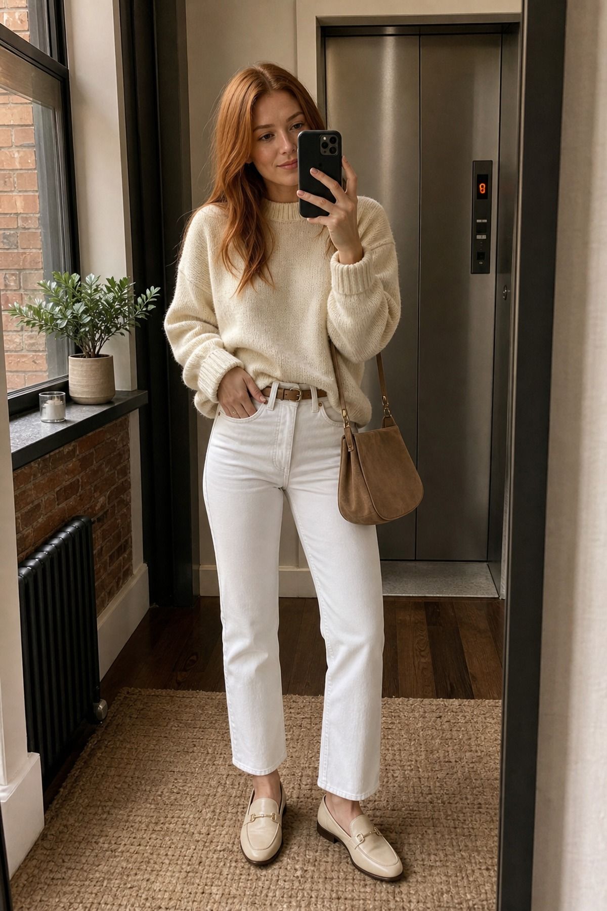 Woman wearing white jeans with a cream sweater