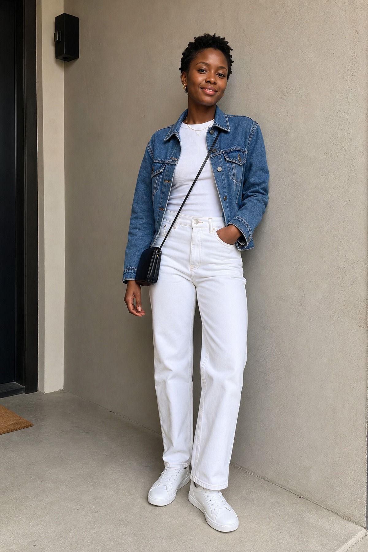 Woman wearing white jeans with a denim jacket