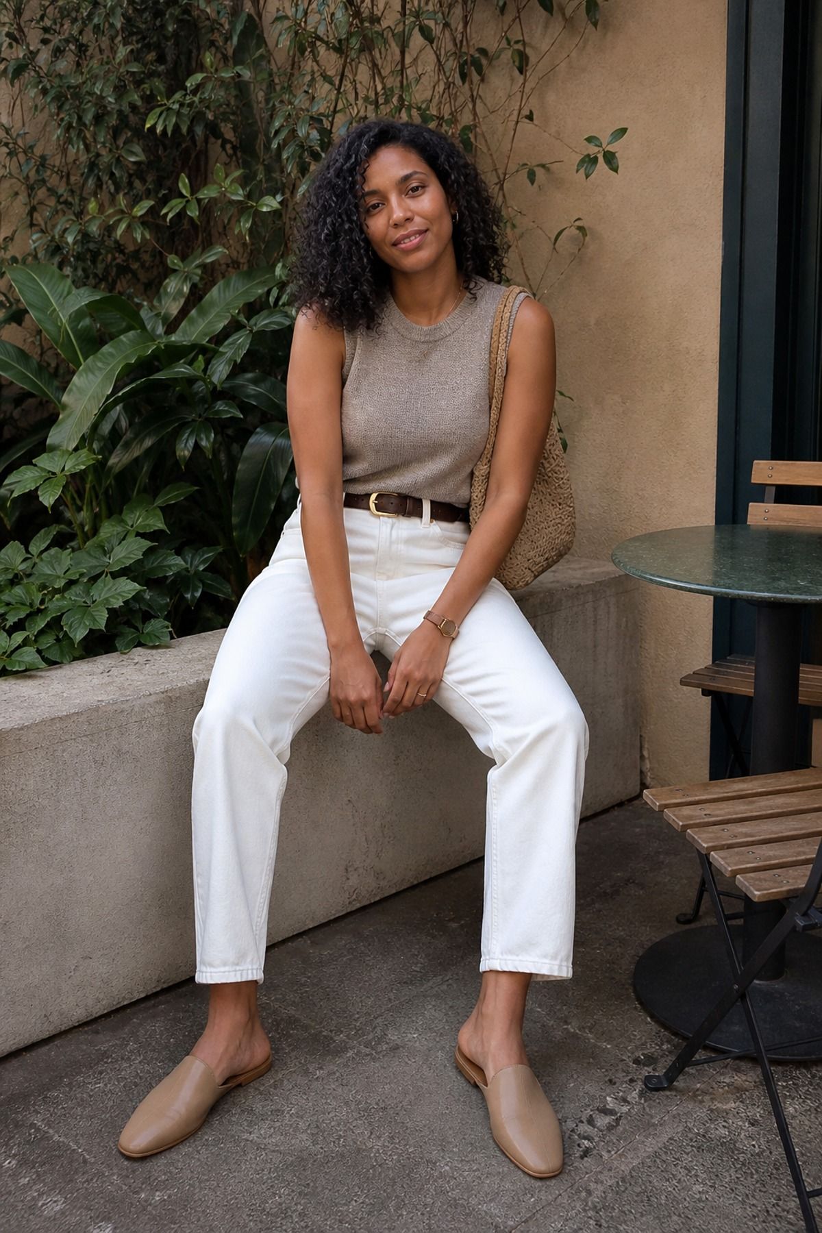 Woman wearing white jeans with a sleeveless knit