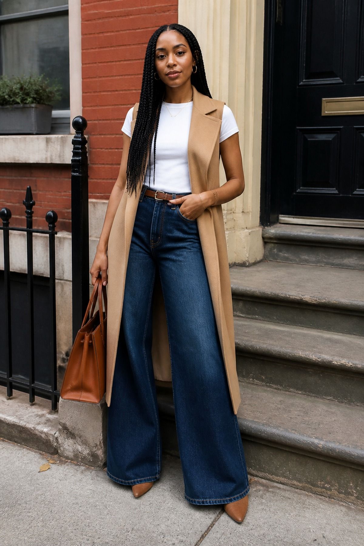 Woman wearing wide leg jeans with a long vest