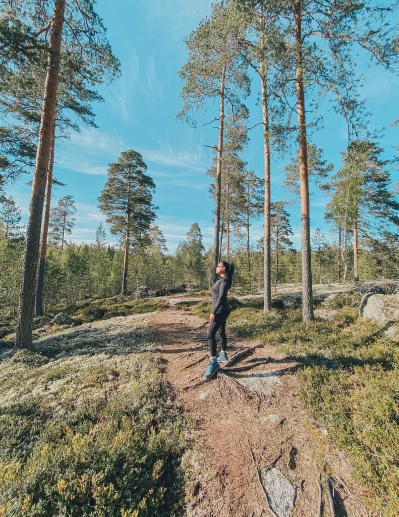 Evan Kristine hiking in the Nordic wilderness in summer