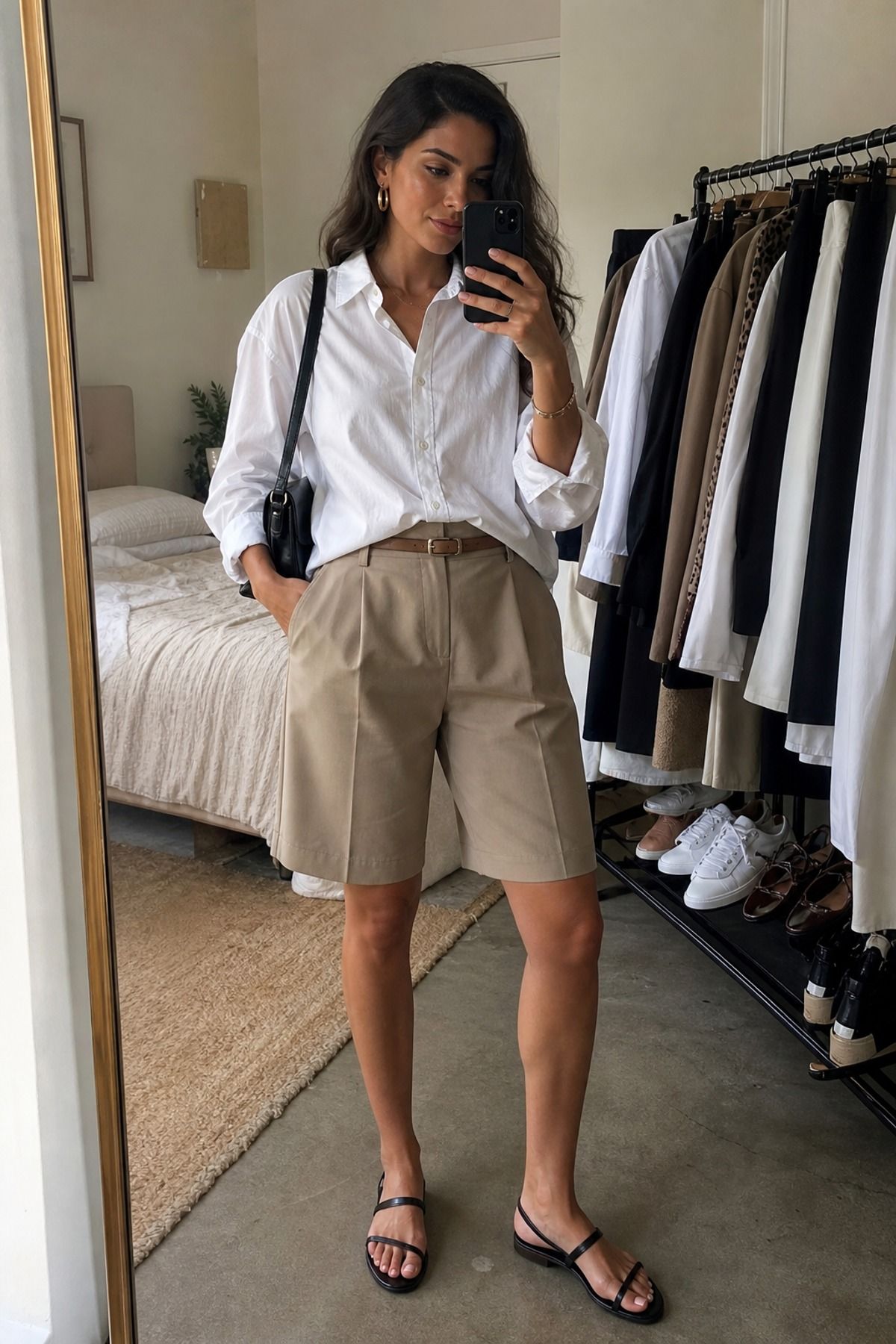 Woman wearing bermuda shorts with a white shirt
