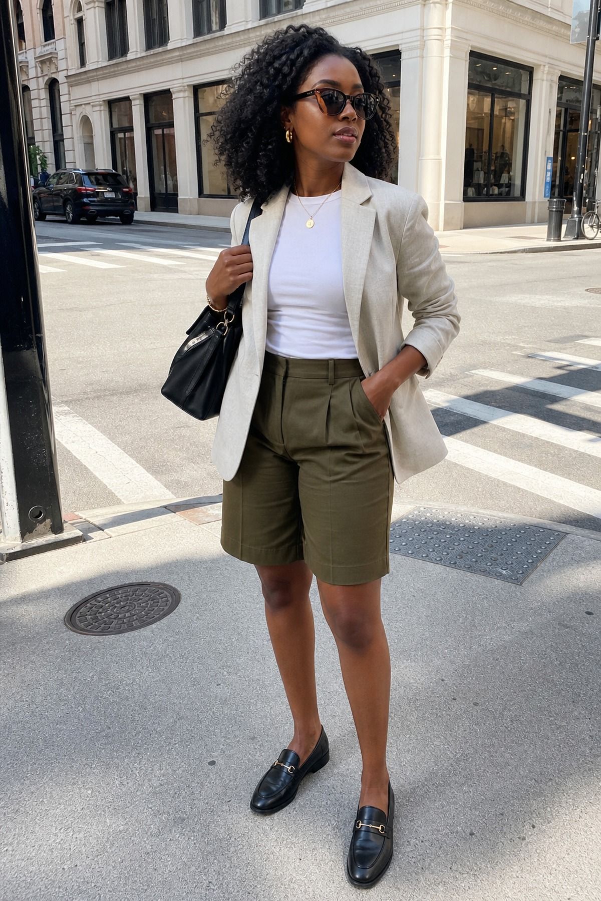 Woman wearing bermuda shorts with a blazer