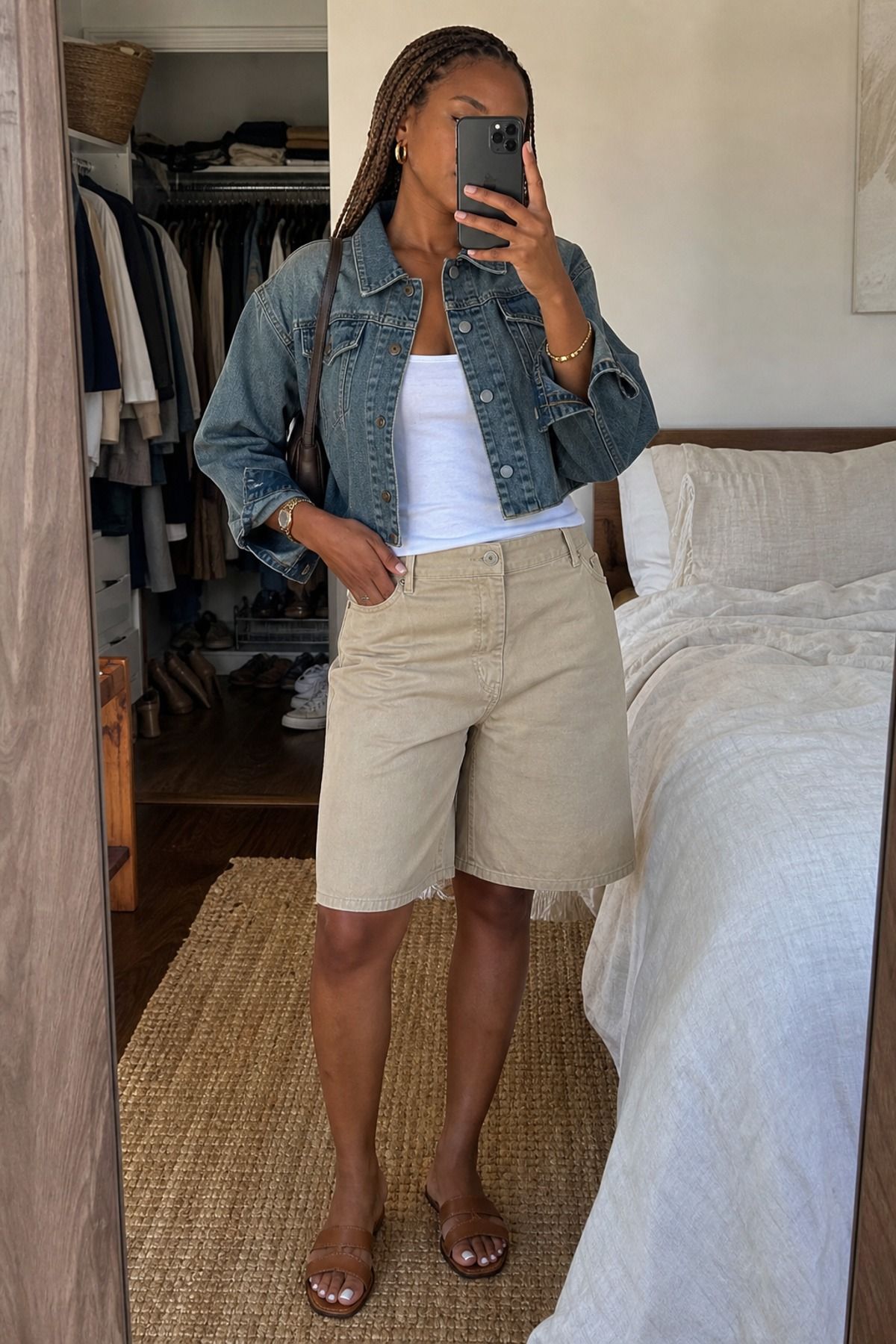 Woman wearing bermuda shorts with a denim jacket